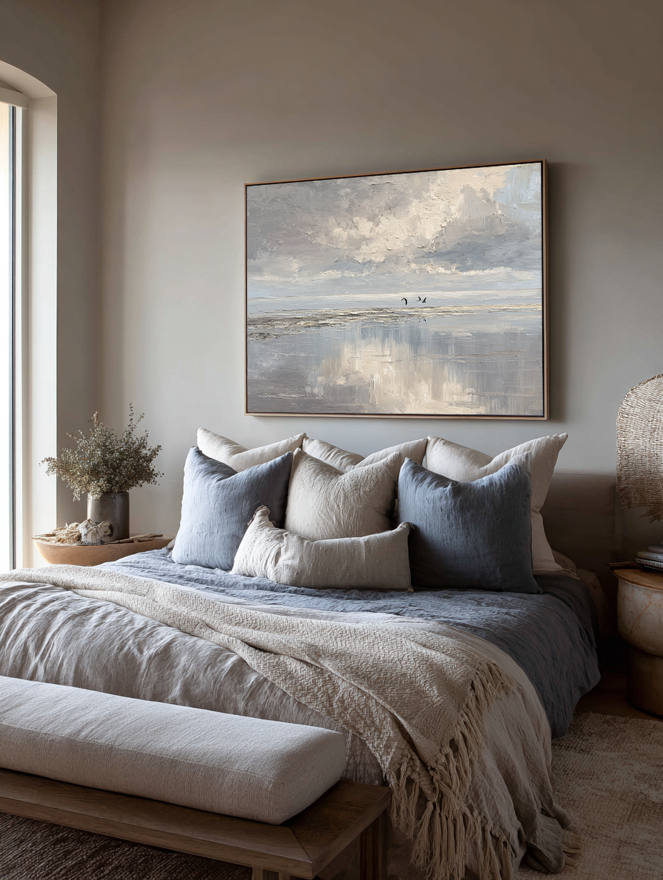 Minimalist Beige And Blue Ocean Wall Art Original Handmade Seascape Oil Painting Large Abstract Beige Ocean Wall Art