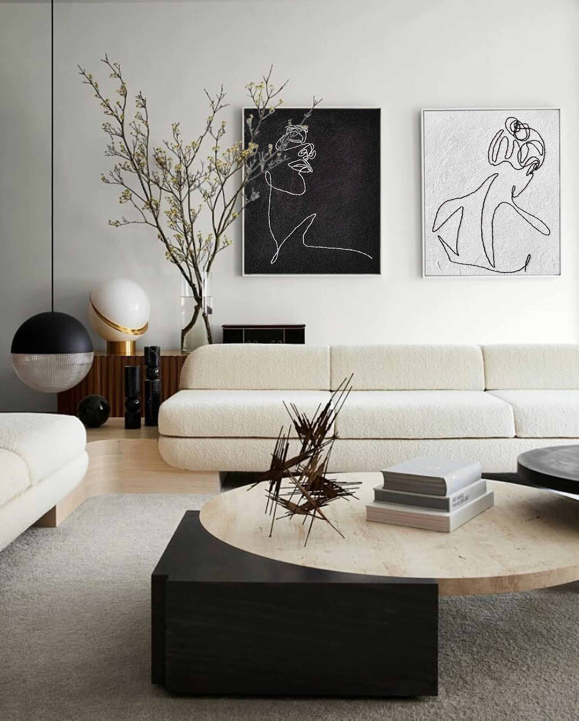 2 Piece Female Minimalist Line Canvas Art Set Of 2 Black And White Woman Minimal Painting Framed