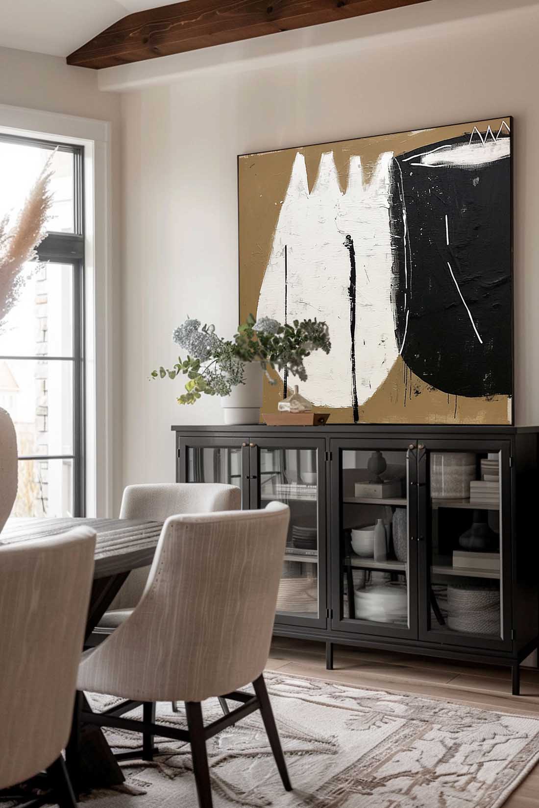 Large Black And Beige Vintage Canvas Art Abstract Retro Wall Decor Large Original Art Retro Neutral Decor