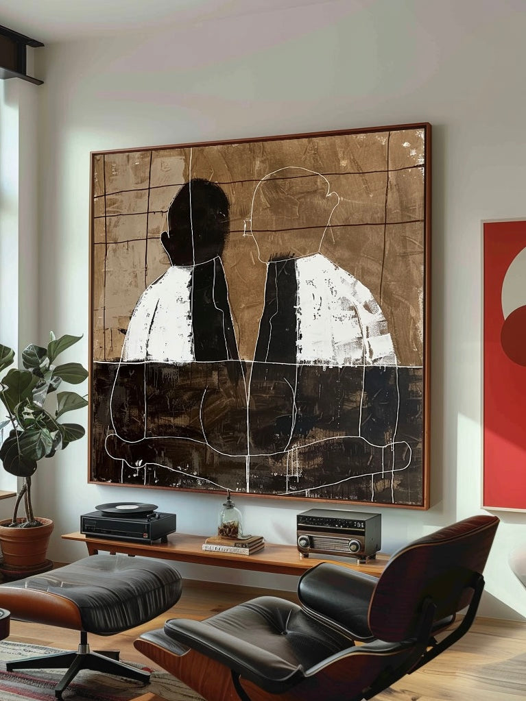 Vintage White And Black Abstract Figure Painting Original Minimalist Black And White Painting