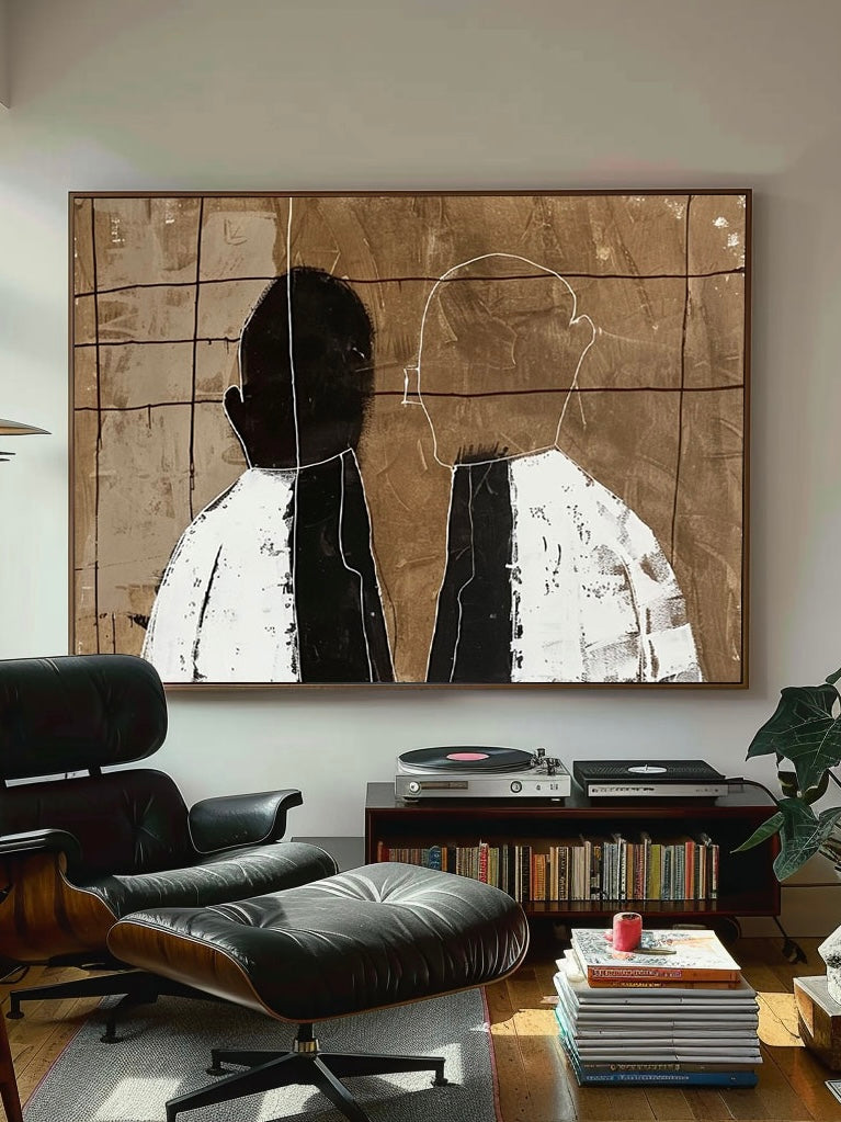 Vintage Abstract Figure Painting Large White And Black Figure Wall Art Vintage Minimalist Neutral Figure Art On Canvas