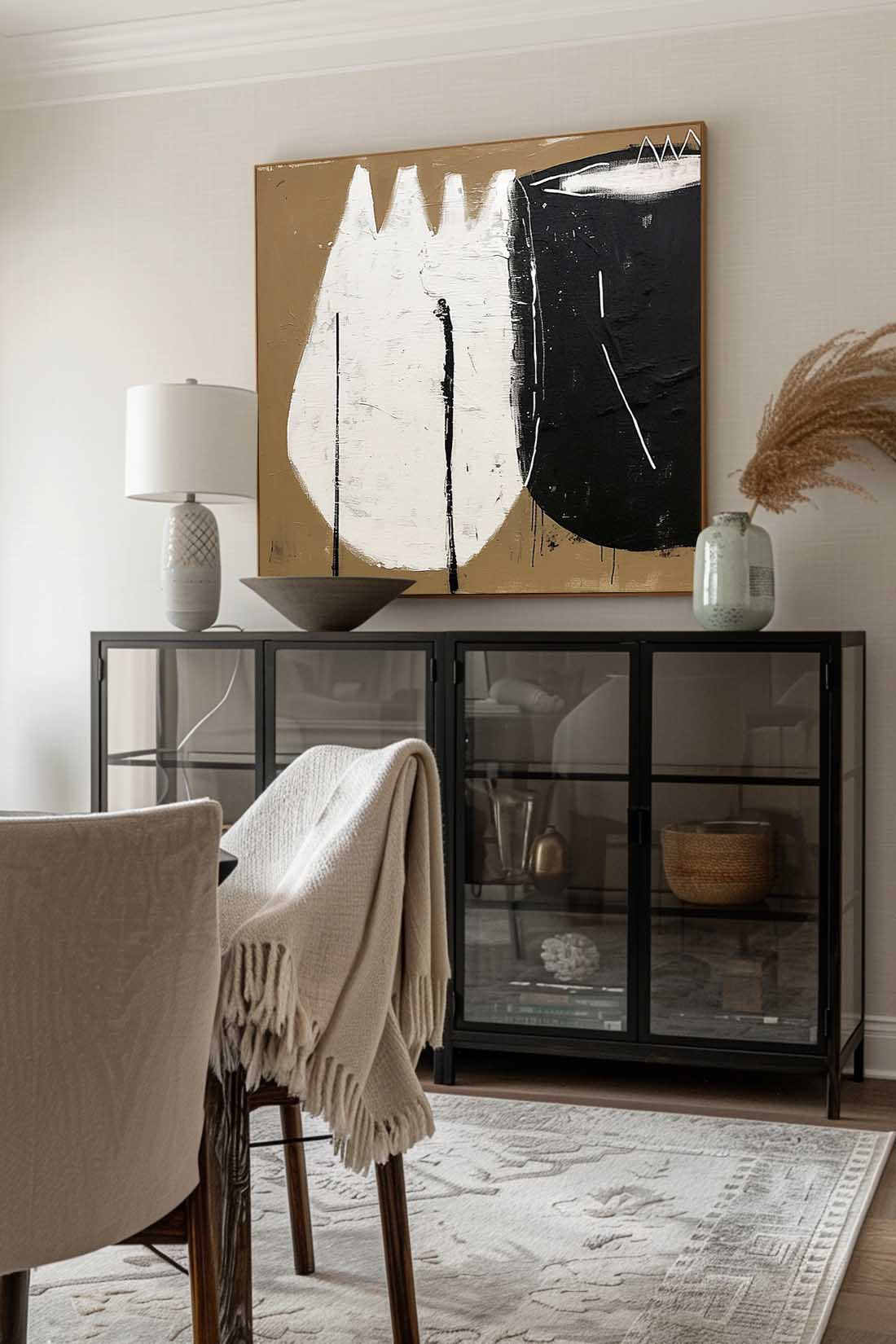 Large Black And Beige Vintage Canvas Art Abstract Retro Wall Decor Large Original Art Retro Neutral Decor