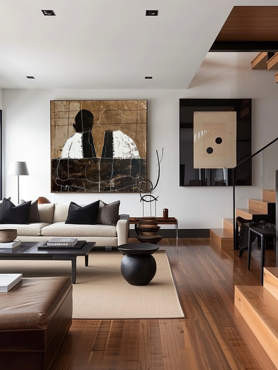 Vintage White And Black Abstract Figure Painting Original Minimalist Black And White Painting