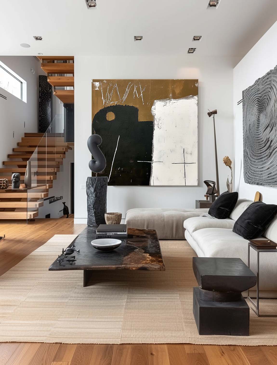 Large Retro Black And Brown Art Neutral Retro Brown & Black Canvas Painting Vintage Minimalist Wall Art