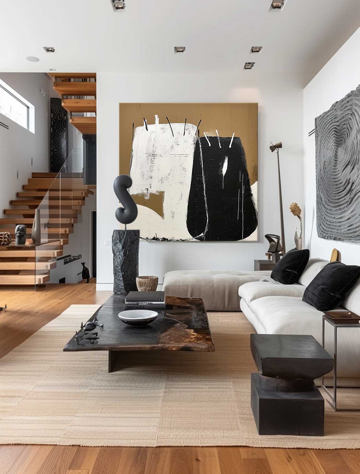 Vintage Brown And Black Wall Art Minimalist Brown And Black Canvas Art Retro Black And White Abstract Art