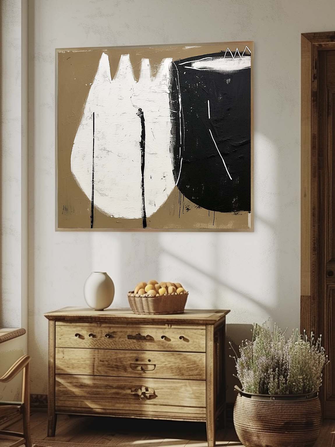 Large Black And Beige Vintage Canvas Art Abstract Retro Wall Decor Large Original Art Retro Neutral Decor