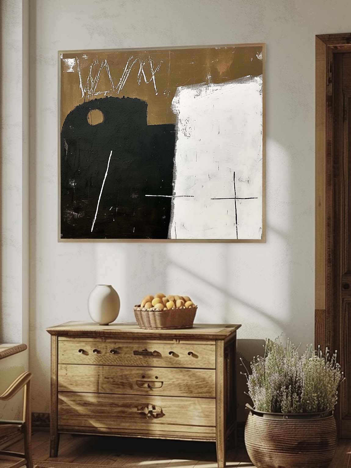 Large Retro Black And Brown Art Neutral Retro Brown & Black Canvas Painting Vintage Minimalist Wall Art