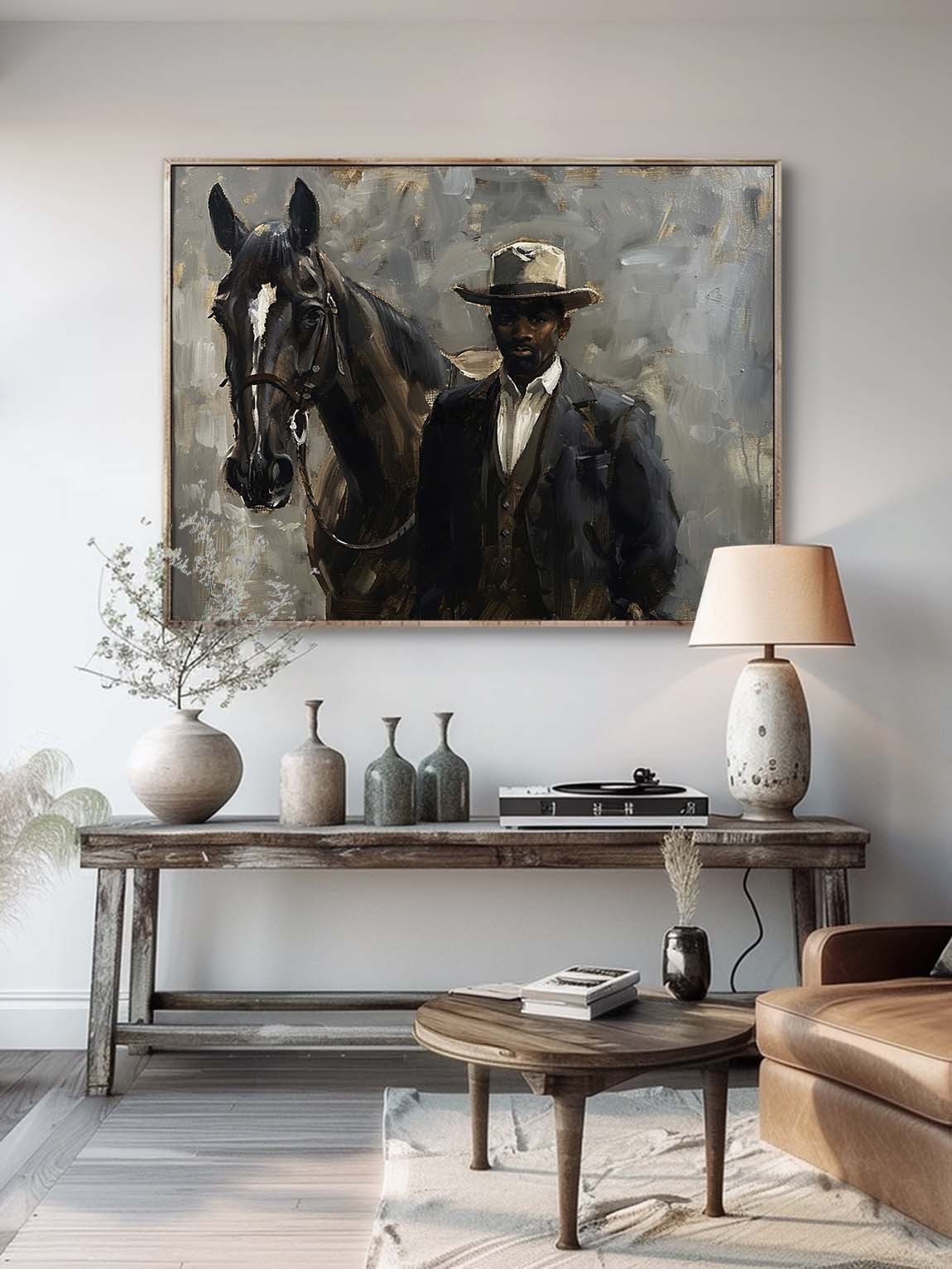 Vintage Western Cowboy Portrait Painting Large Black Textured Acrylic Horse Painting Rustic Neutral Canvas Artwork