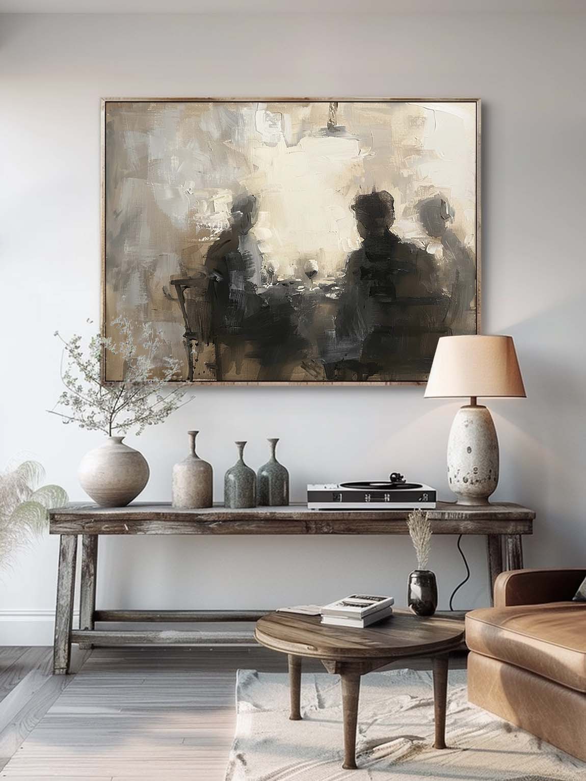 Vintage Large Abstract Wall Art Minimalist Beige And Black Wall Art Retro Abstract Painting On Canvas