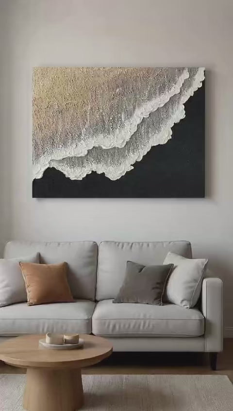 3D White And Black Minimalist Ocean Waves Art Large White And Black Minimalist Beach Painting Wabi-Sabi Wall Art