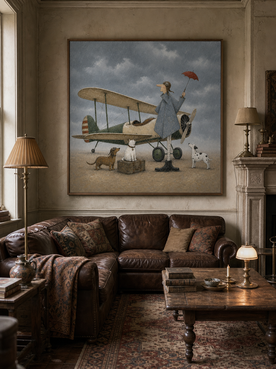 Minimalist Vintage Airplane Canvas Painting Handmade Retro Pilot With Dogs Art
