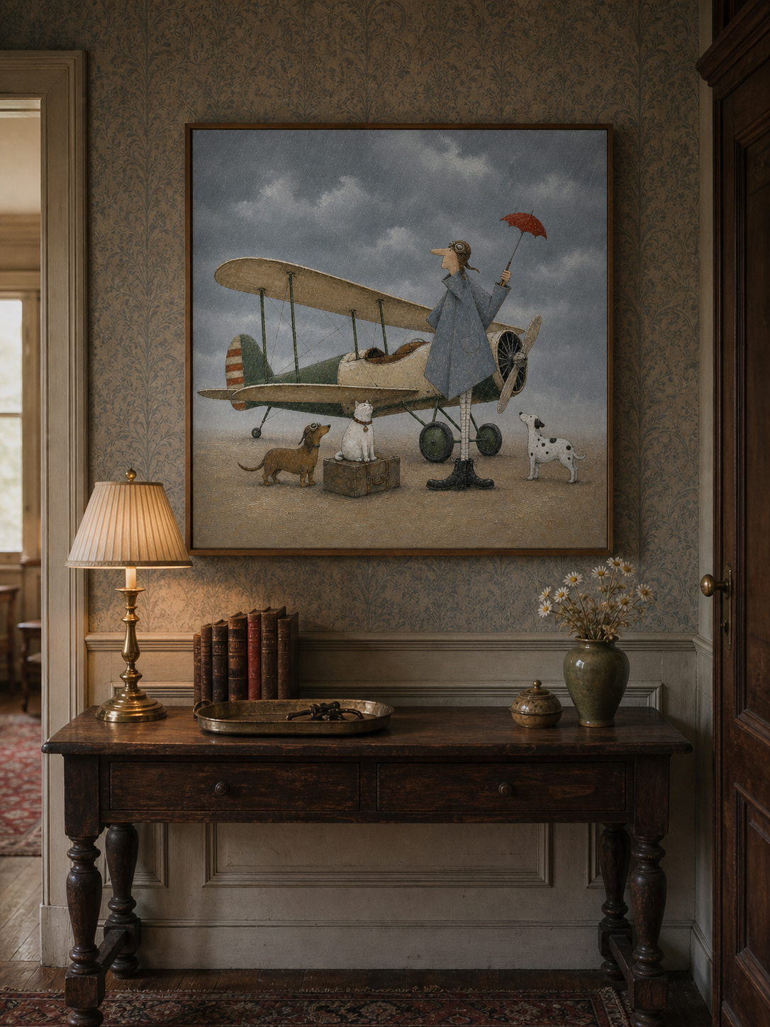 Minimalist Vintage Airplane Canvas Painting Handmade Retro Pilot With Dogs Art