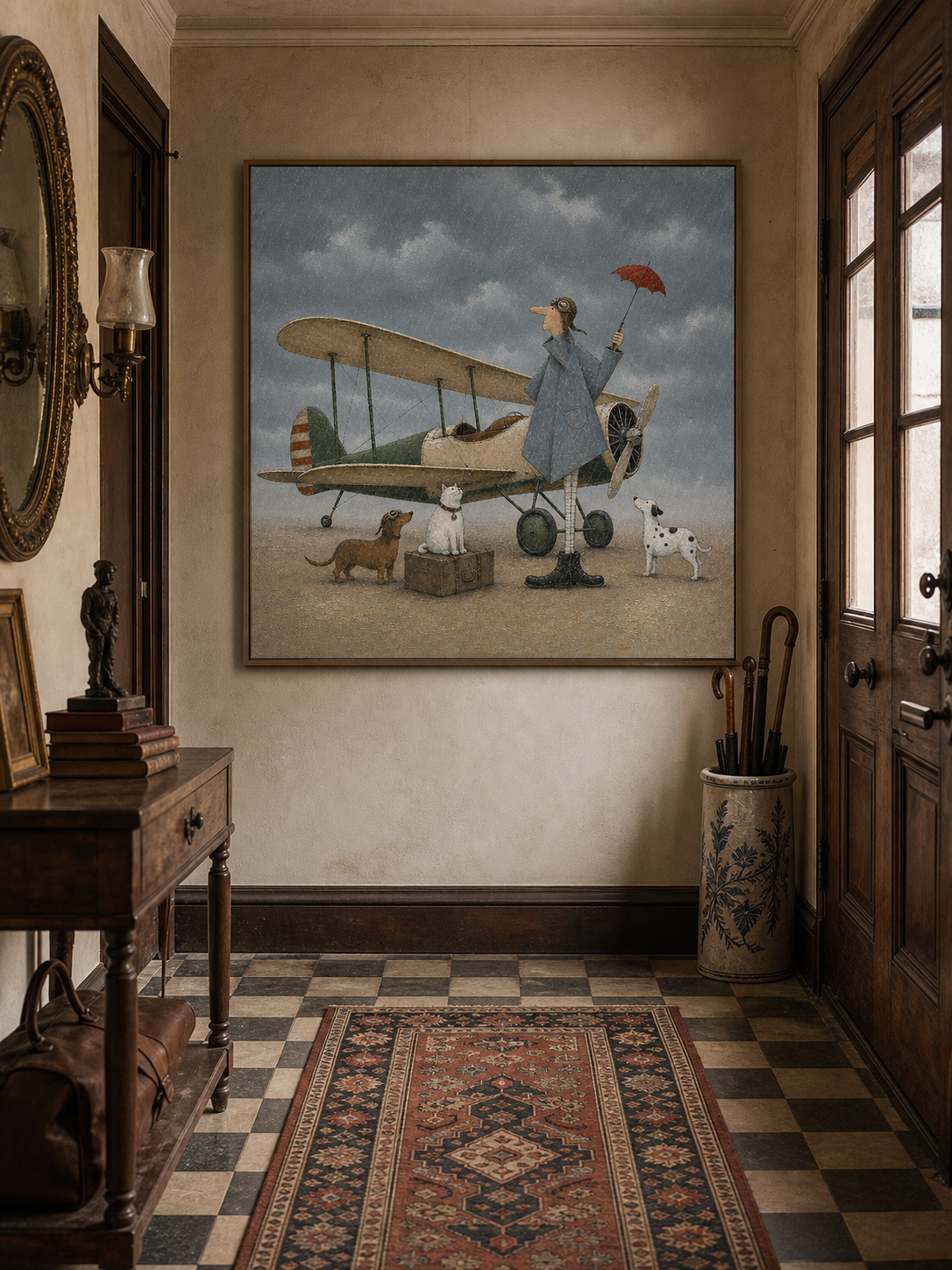 Minimalist Vintage Airplane Canvas Painting Handmade Retro Pilot With Dogs Art