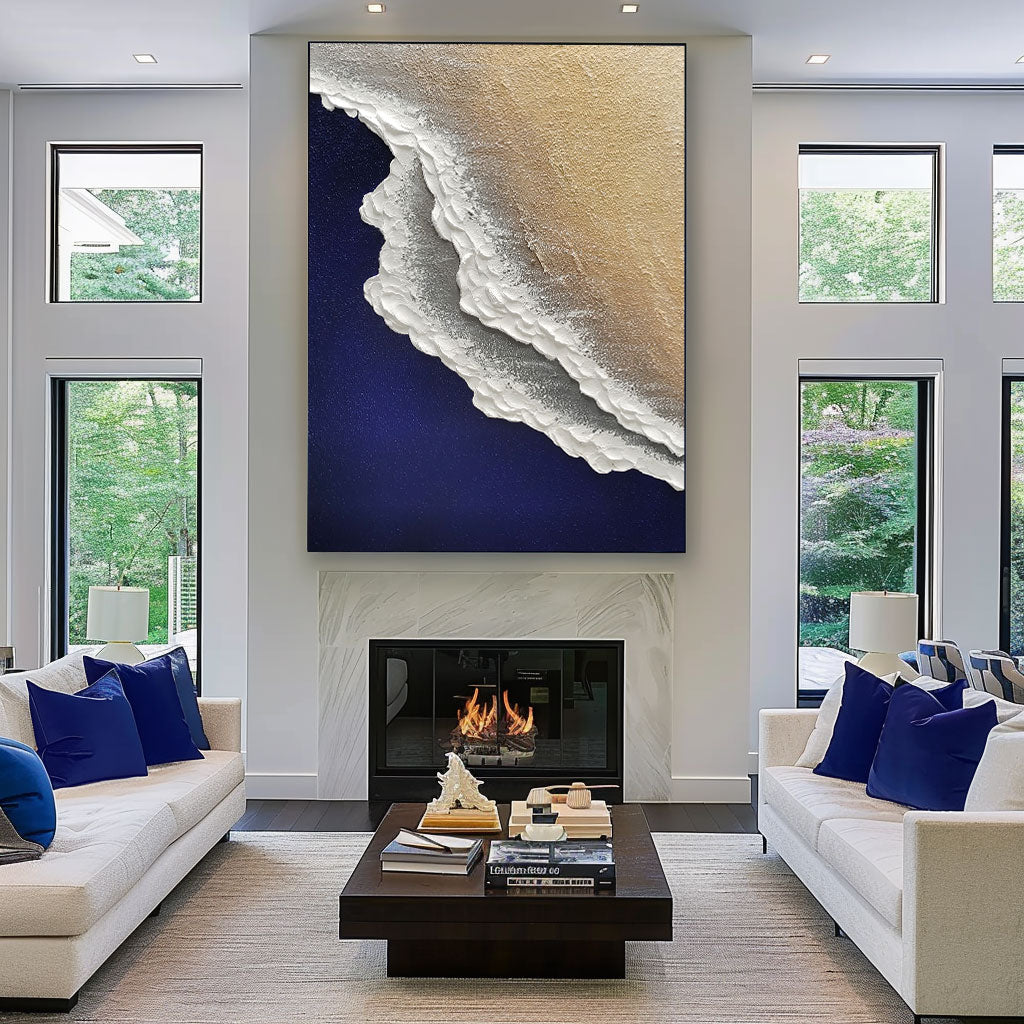 Minimalist Blue Ocean Painting Large Blue Ocean Wall Art Blue Sea Wave Textured Wall Art White Ocean Wave Painting
