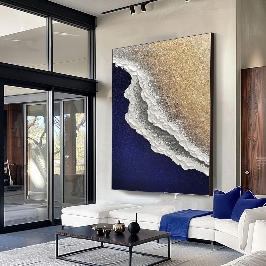 Minimalist Blue Ocean Painting Large Blue Ocean Wall Art Blue Sea Wave Textured Wall Art White Ocean Wave Painting