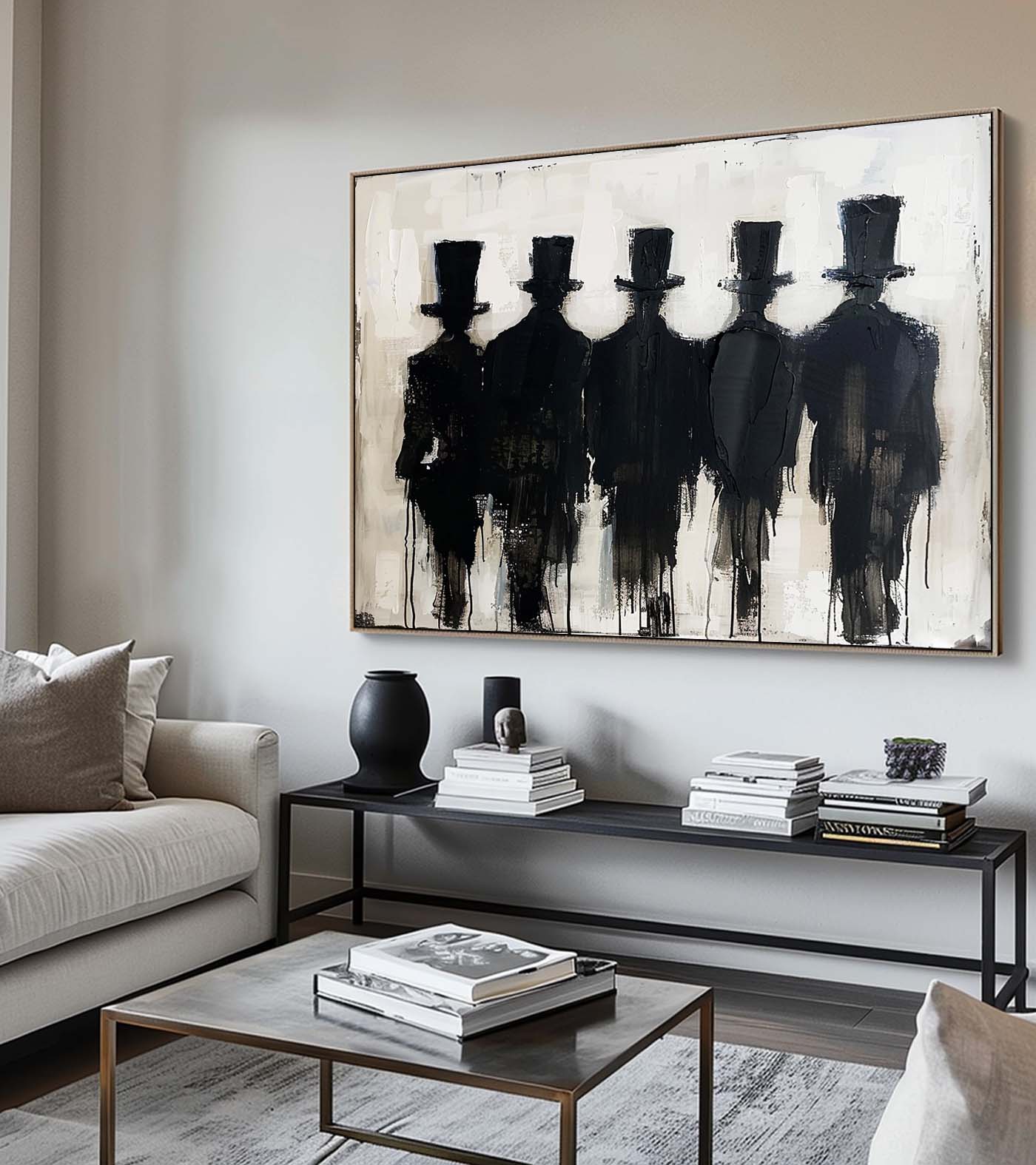Vintage Neutral Black And Beige People Painting Large Minimalist Canvas Wall Art Original Handmade Wabi Sabi Artwork
