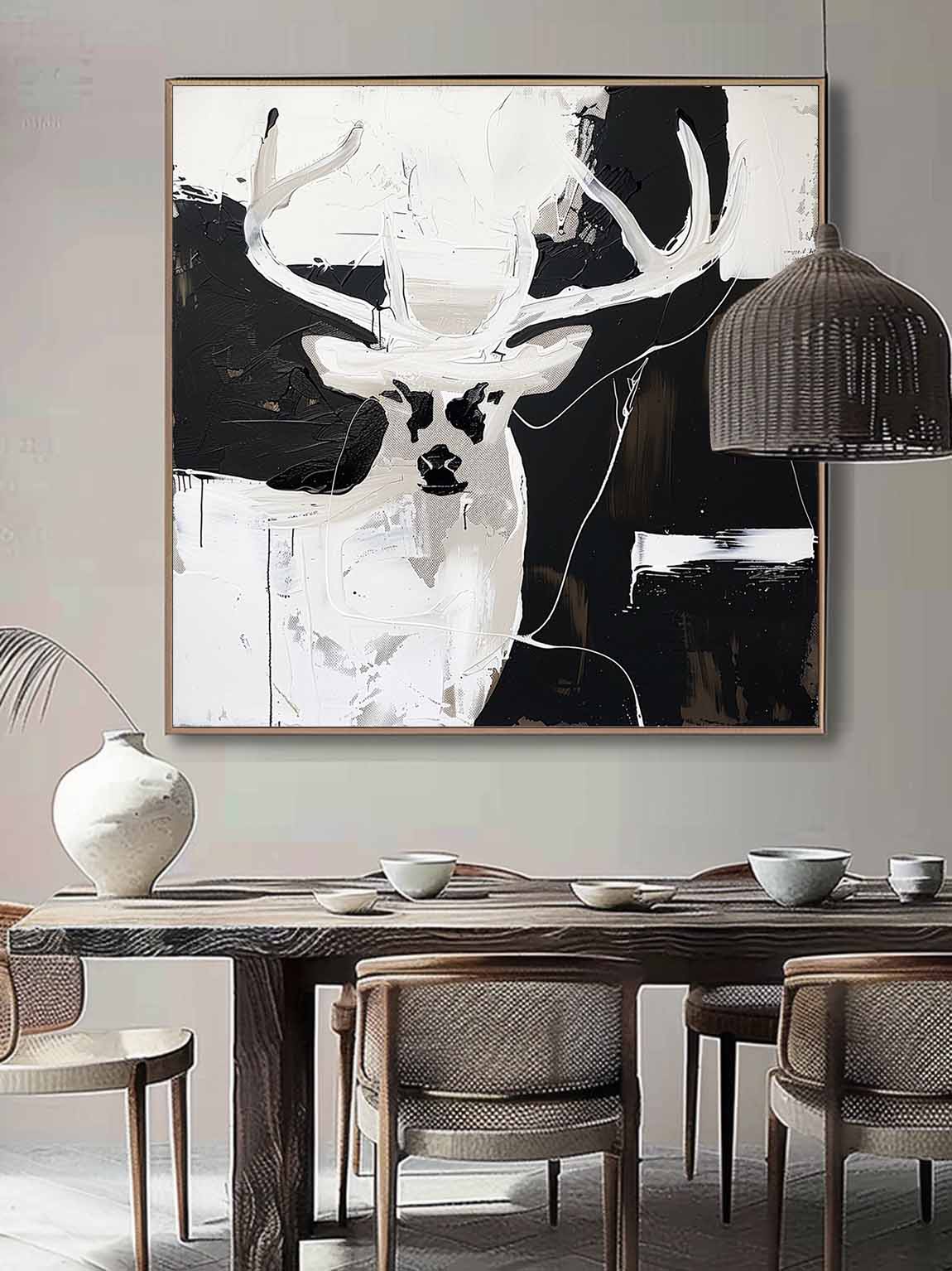 Vintage-Inspired Neutral Deer Painting Black And White Deer Painting Large Black And White Abstract Canvas Art
