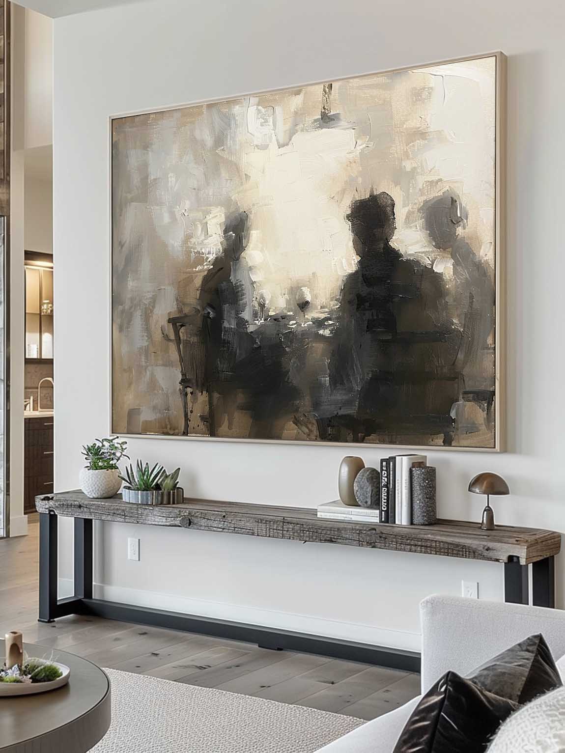 Vintage Large Abstract Wall Art Minimalist Beige And Black Wall Art Retro Abstract Painting On Canvas