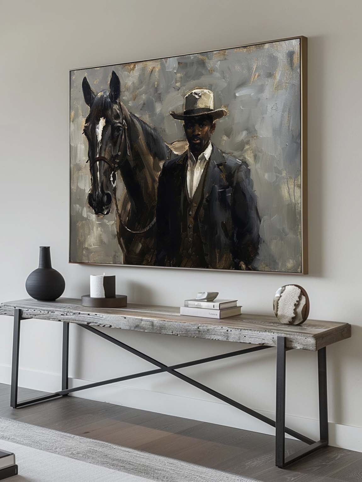 Vintage Western Cowboy Portrait Painting Large Black Textured Acrylic Horse Painting Rustic Neutral Canvas Artwork