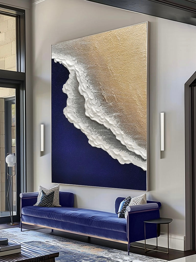 Minimalist Blue Ocean Painting Large Blue Ocean Wall Art Blue Sea Wave Textured Wall Art White Ocean Wave Painting