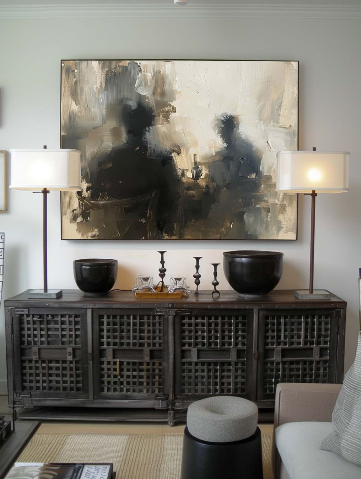 Retro Beige And Black Abstract Wall Art Large Abstract Painting Neutral Tones Oil Painting Original Neutral Wall Art