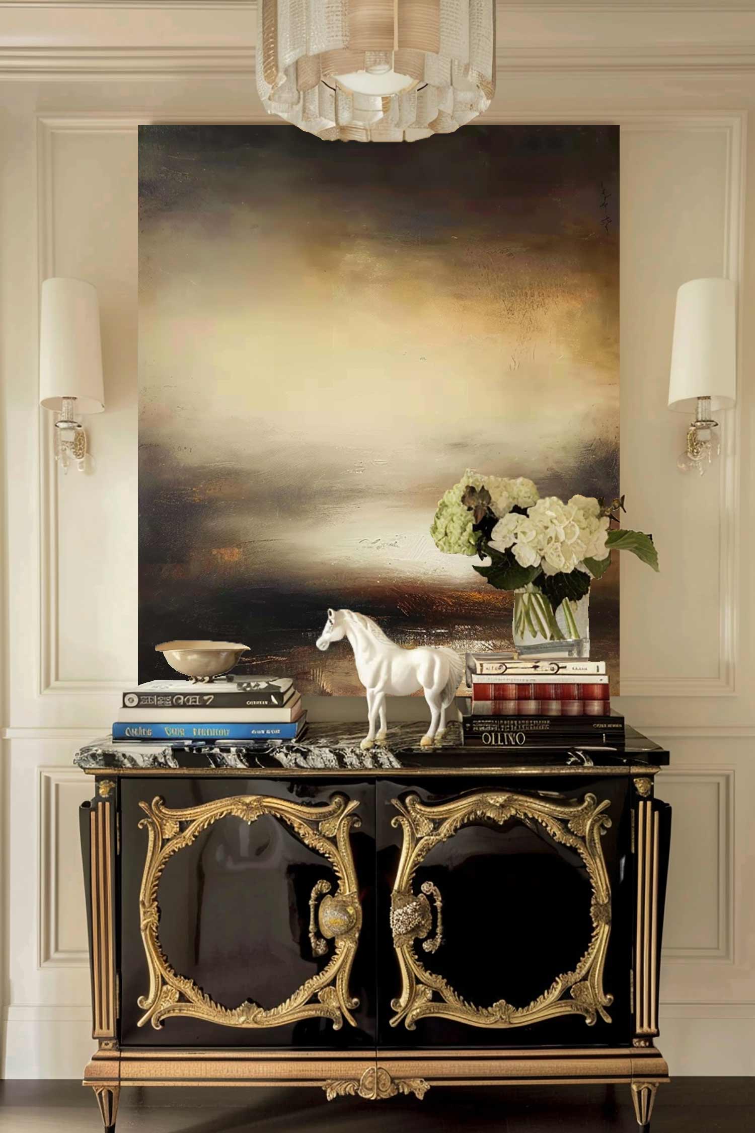 Vintage Landscape Abstract Wall Art Original Brown And Beige Minimalist Painting Retro Large Brown And Beige Painting