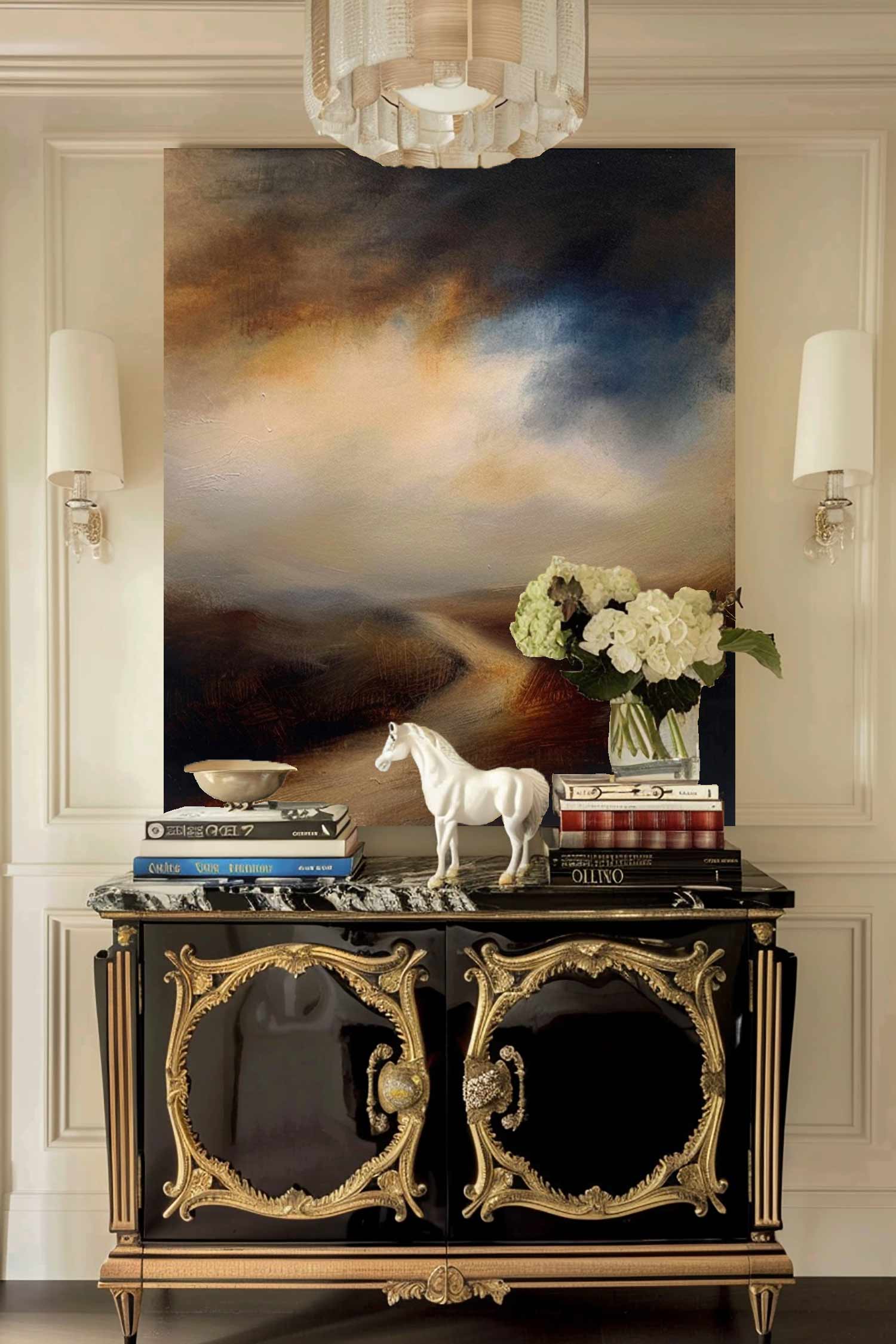 Vintage Rustic Landscape Home Decor Retro Brown Lake Landscape Painting Minimalist Neutral Lakeview Wall Art