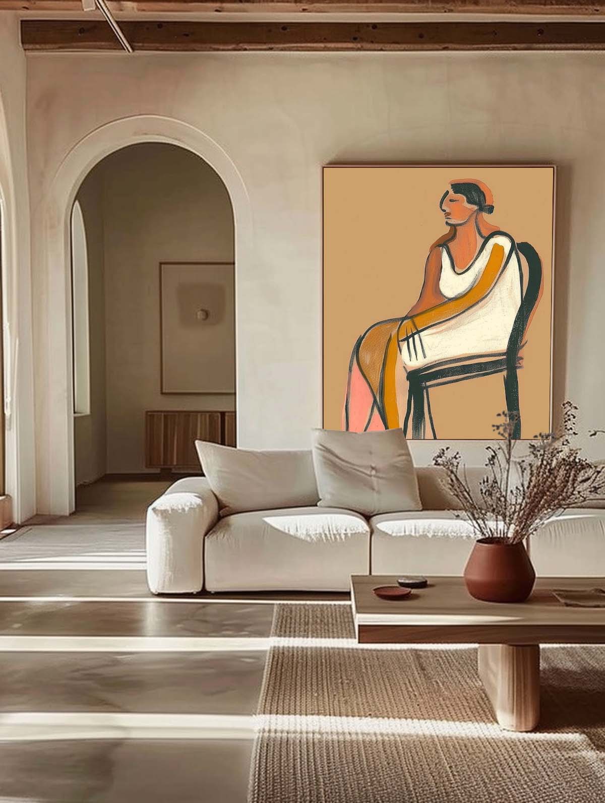 Vintage Minimalist Women Oil Painting Mid Century Portrait Painting Large Vintage Brown Women Canvas Art