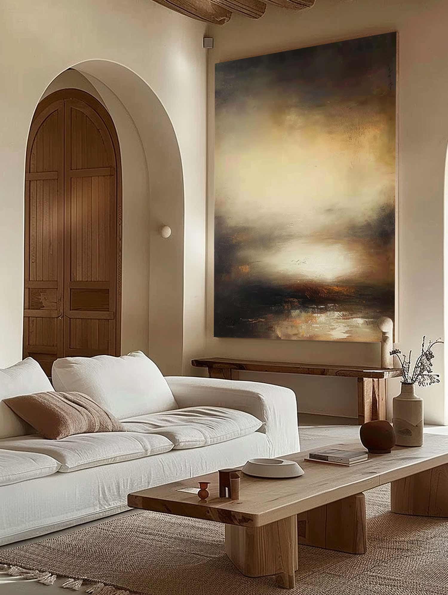 Vintage Landscape Abstract Wall Art Original Brown And Beige Minimalist Painting Retro Large Brown And Beige Painting