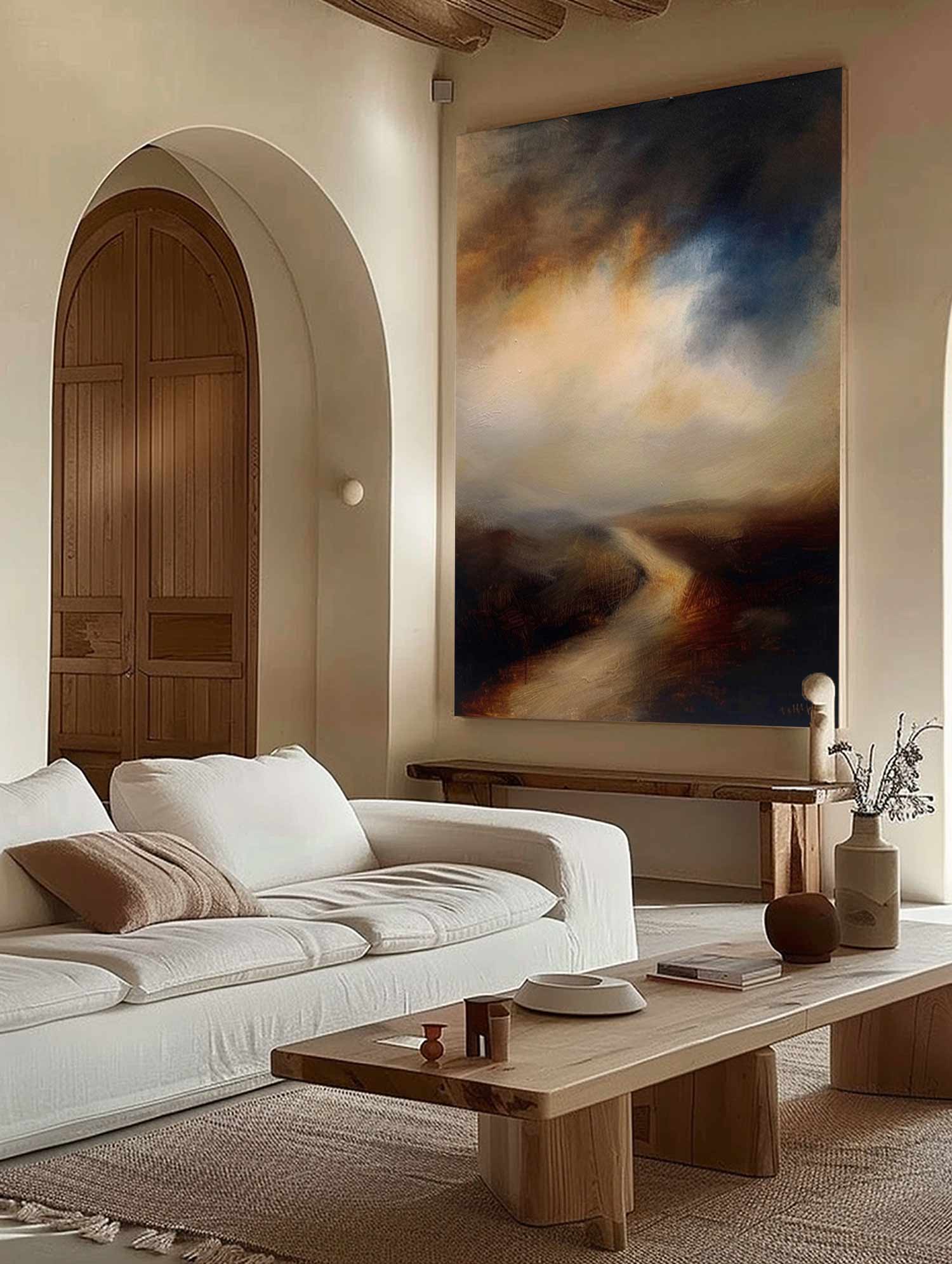 Vintage Rustic Landscape Home Decor Retro Brown Lake Landscape Painting Minimalist Neutral Lakeview Wall Art