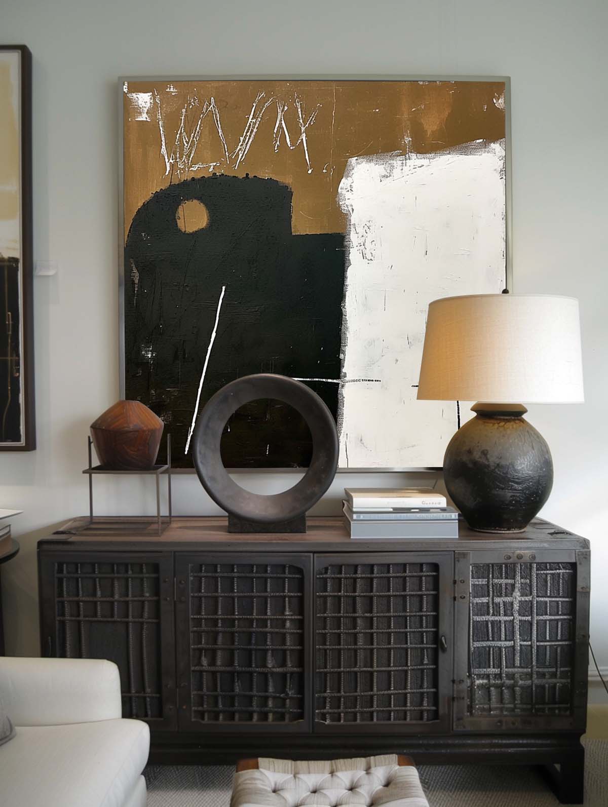 Large Retro Black And Brown Art Neutral Retro Brown & Black Canvas Painting Vintage Minimalist Wall Art