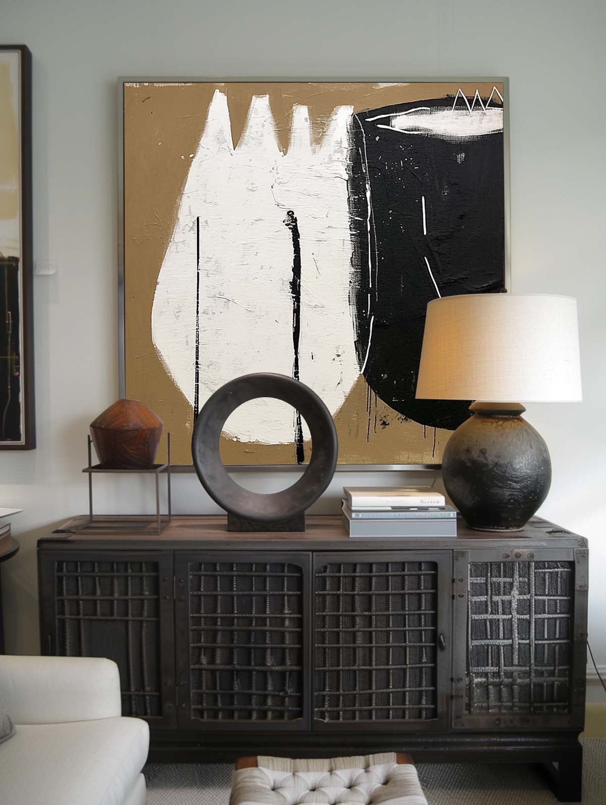 Large Black And Beige Vintage Canvas Art Abstract Retro Wall Decor Large Original Art Retro Neutral Decor