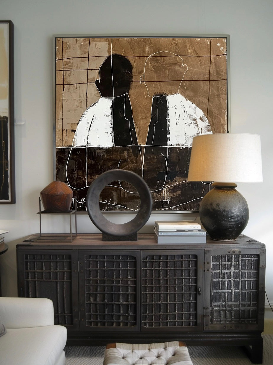 Vintage White And Black Abstract Figure Painting Original Minimalist Black And White Painting