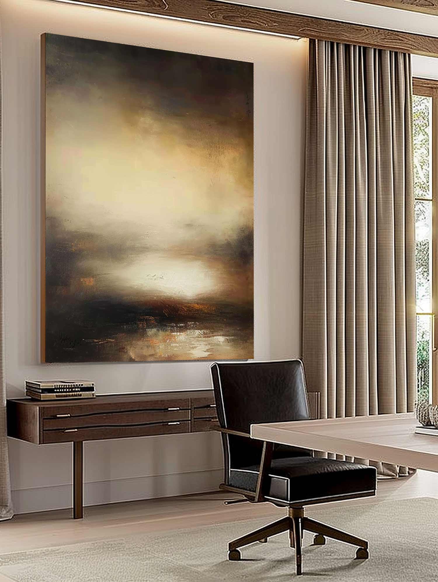 Vintage Landscape Abstract Wall Art Original Brown And Beige Minimalist Painting Retro Large Brown And Beige Painting