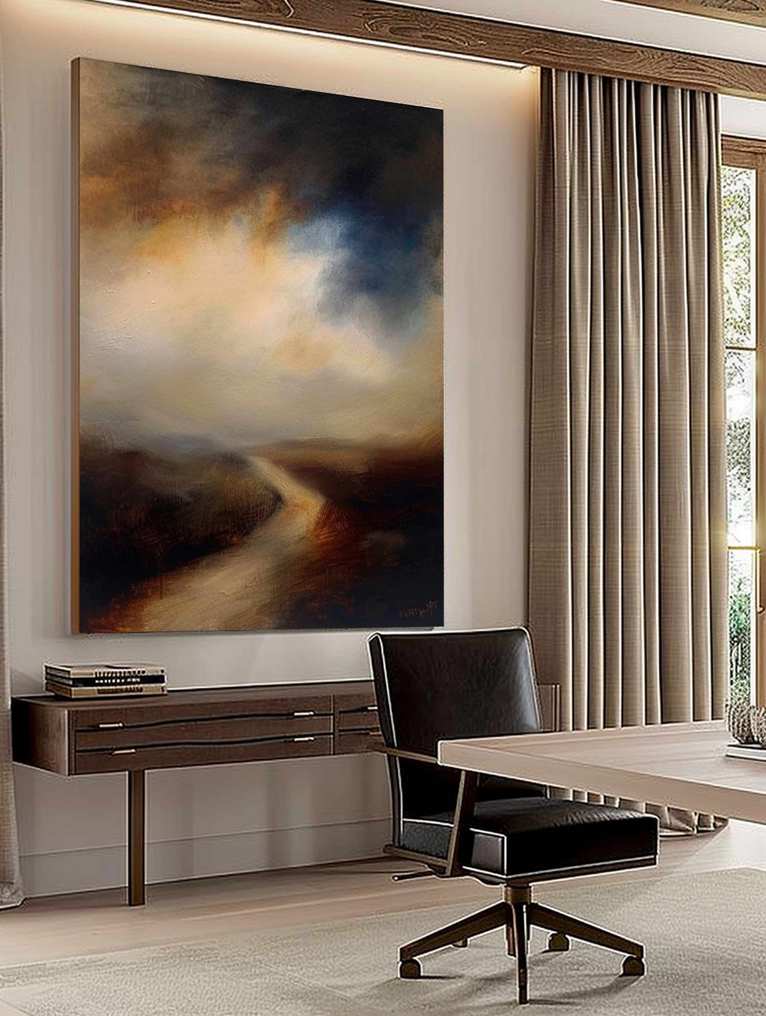 Vintage Rustic Landscape Home Decor Retro Brown Lake Landscape Painting Minimalist Neutral Lakeview Wall Art