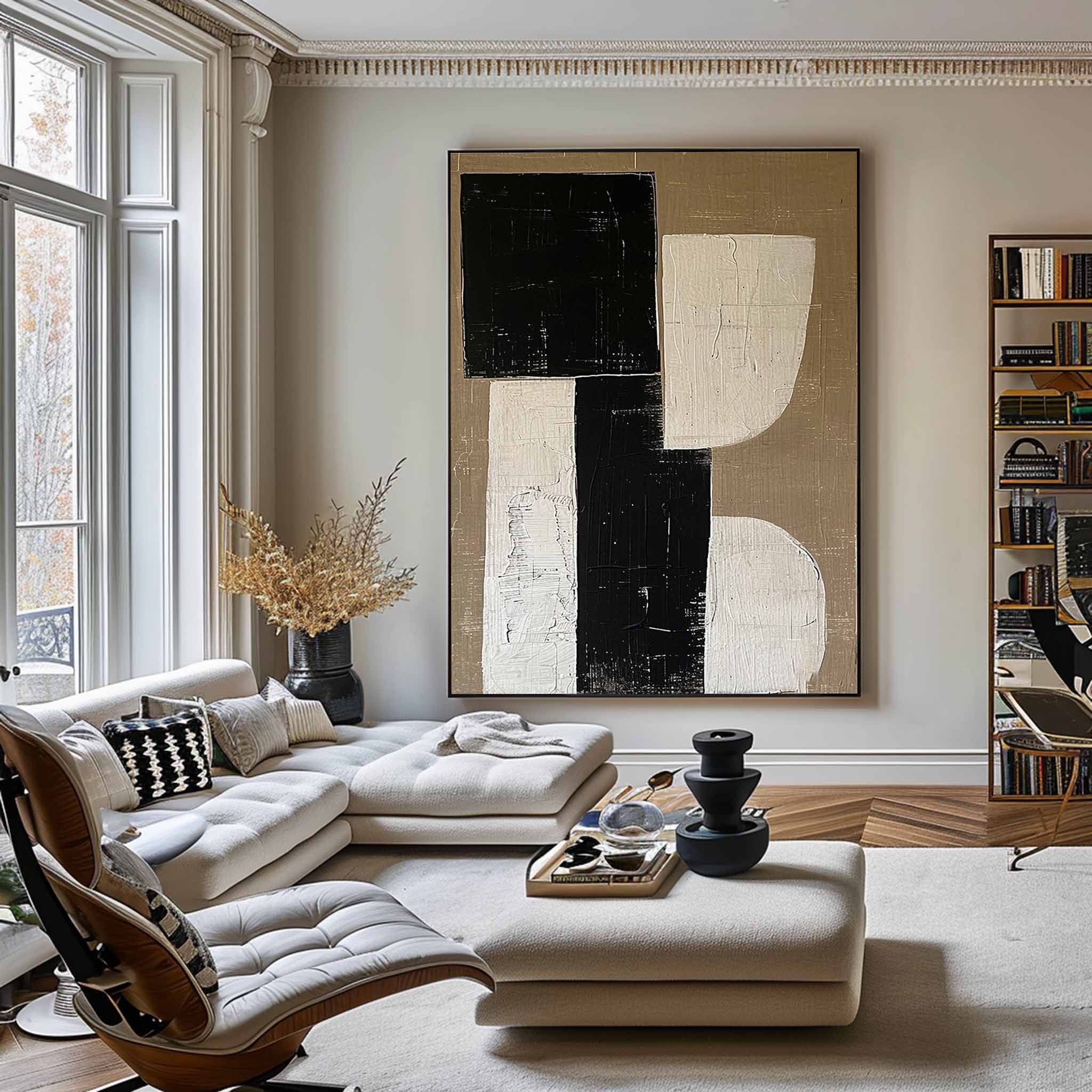 Beige Black Minimalist Painting On Canvas Beige And Black Framed Painting Beige Wabi Sabi Wall Art