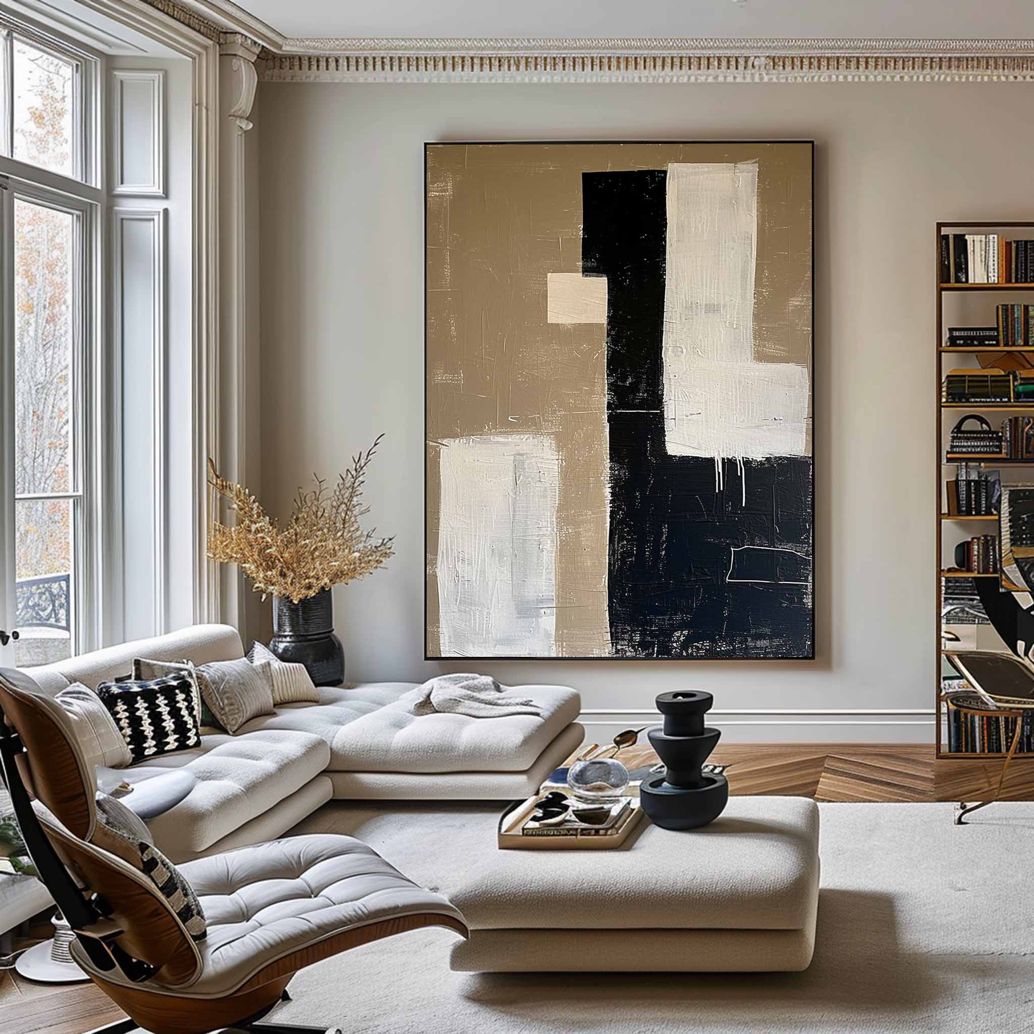 Large Beige Canvas Painting Neutral Beige Minimalist Wall Art Black Beige Texture Wall Art