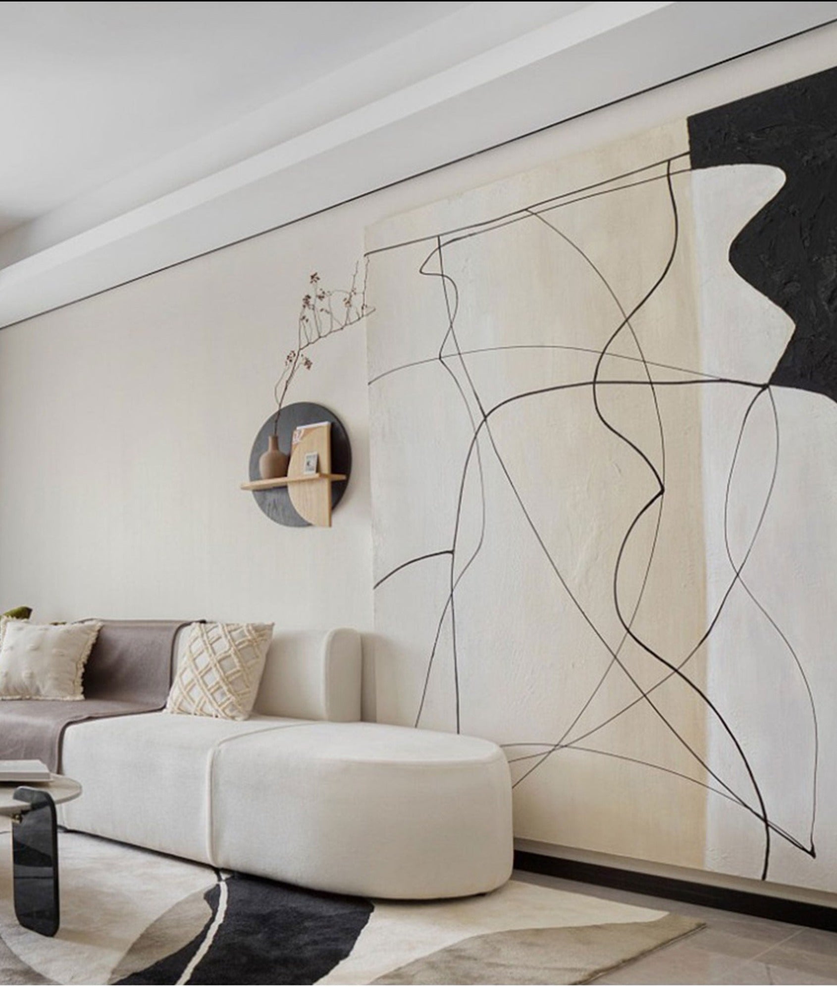 Simple minimalist black and white line art painting modern minimal line painting for living room