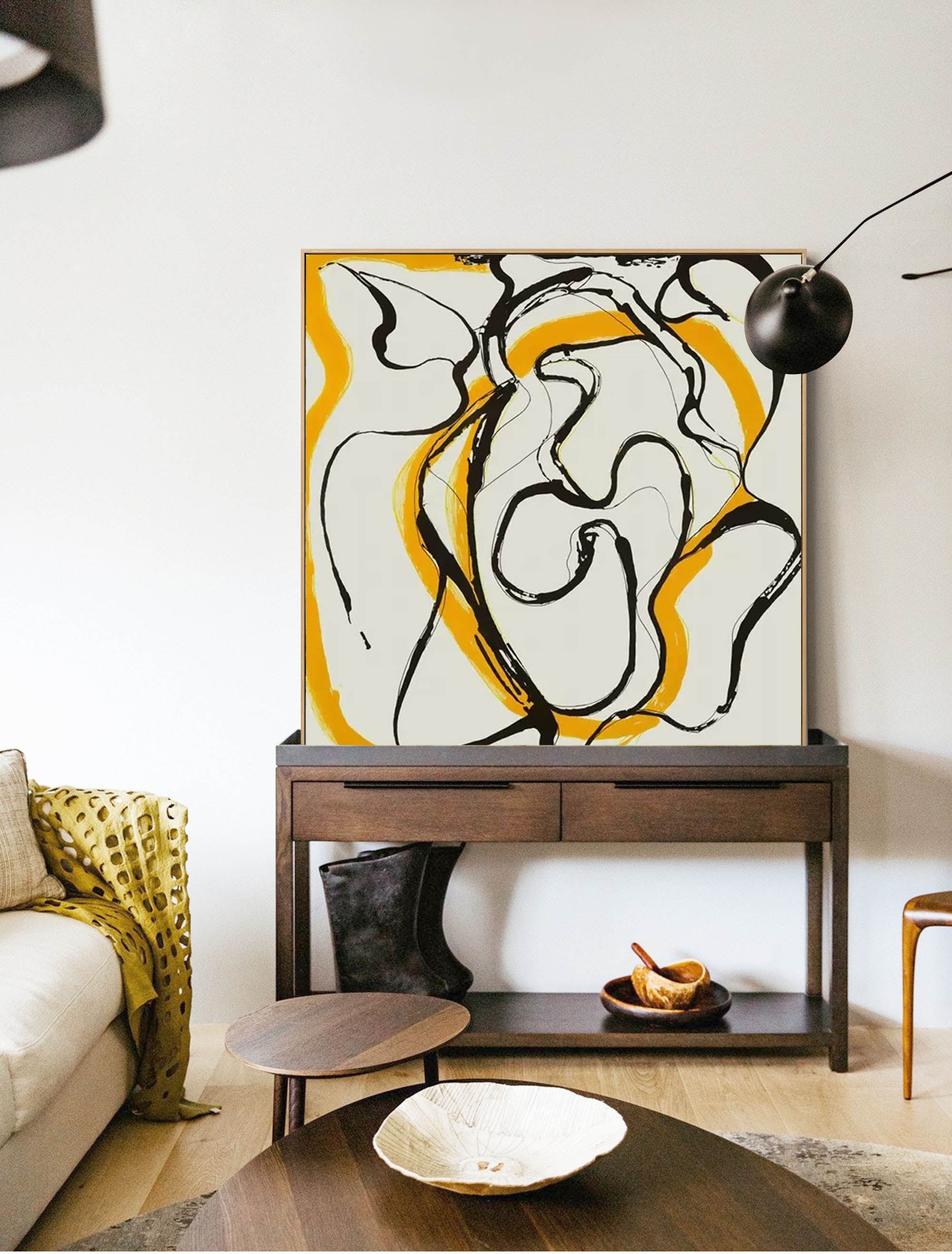 framed yellow minimalist line art square contemporary minimalist painting acrylic