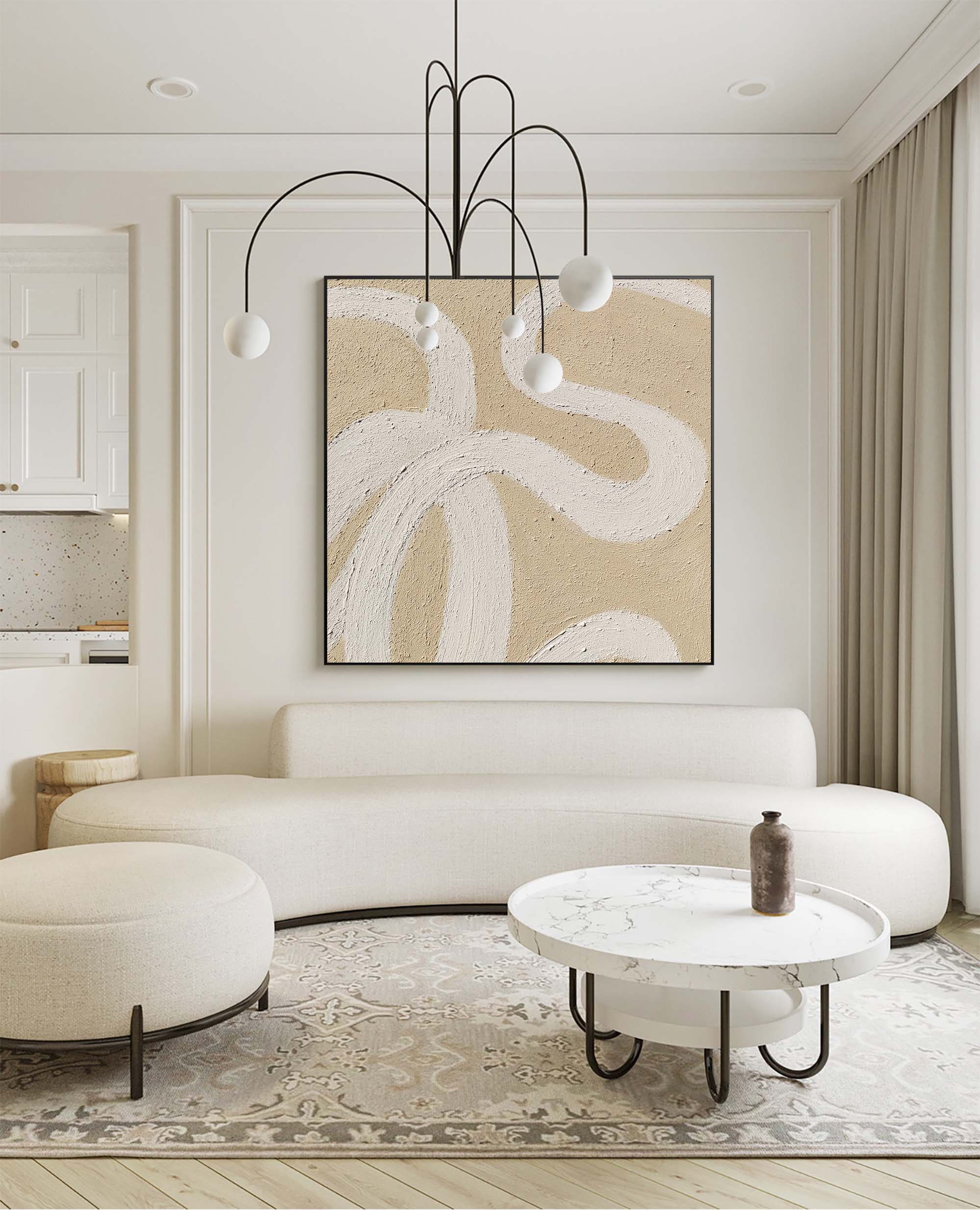 framed square beige and white canvas painting minimalist simple minimalist line art