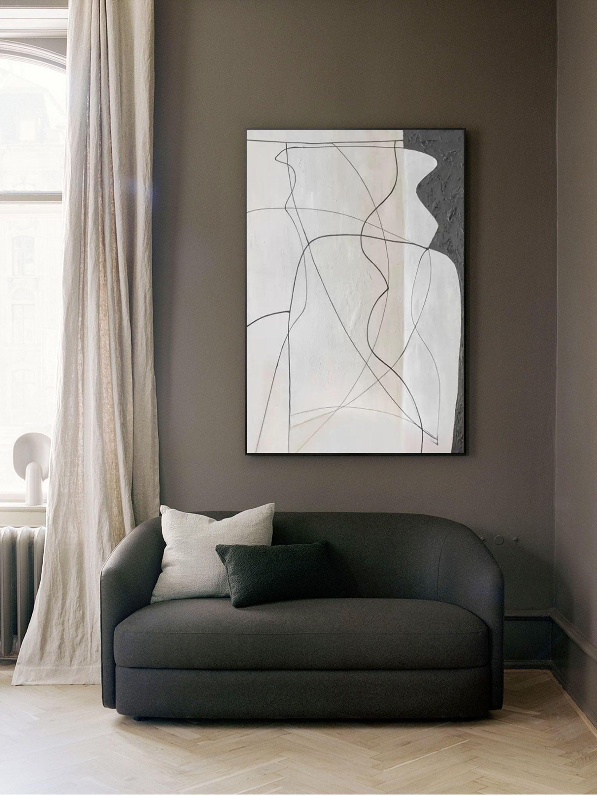 Simple minimalist black and white line art painting modern minimal line painting for living room