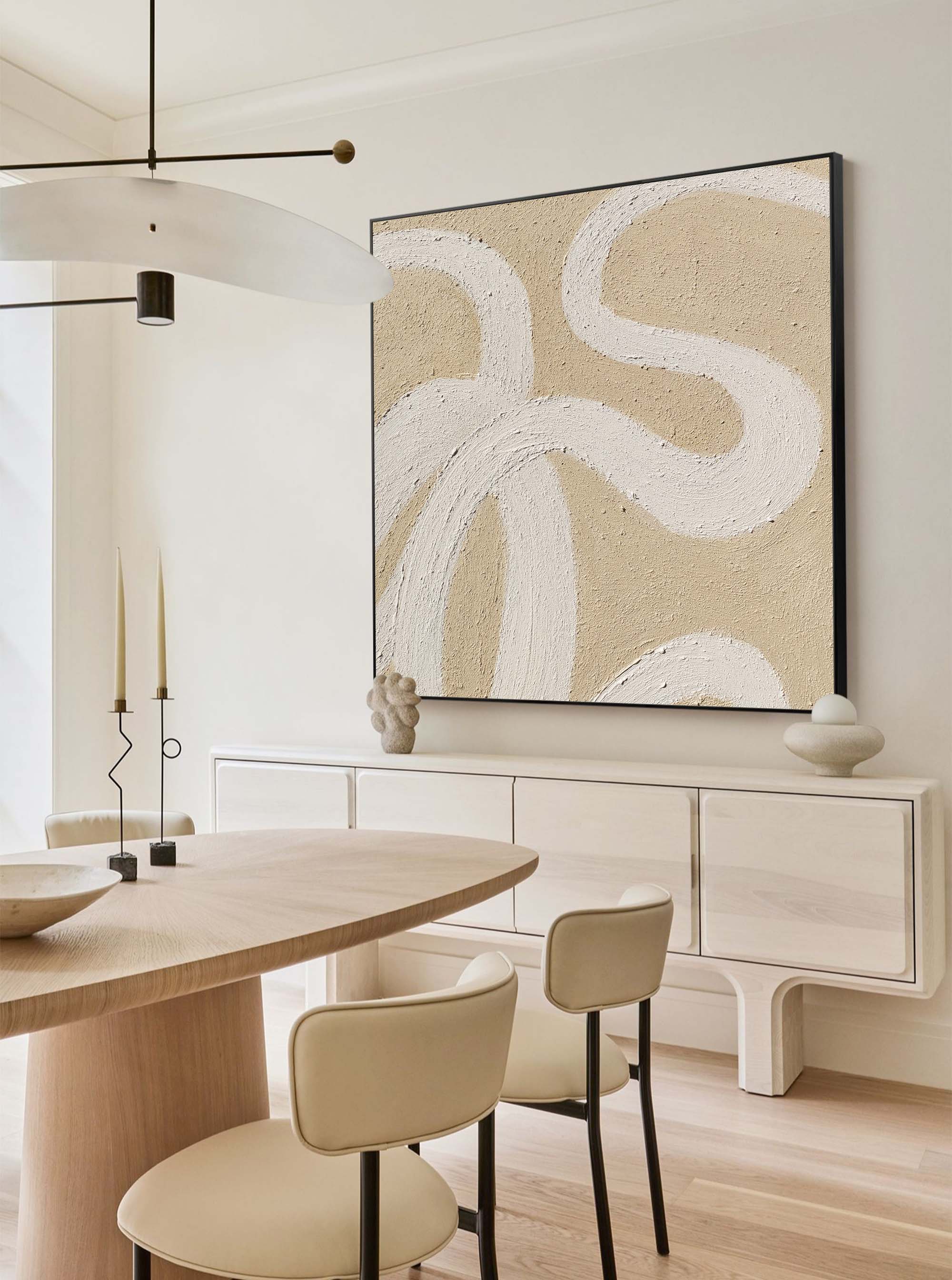 framed square beige and white canvas painting minimalist simple minimalist line art