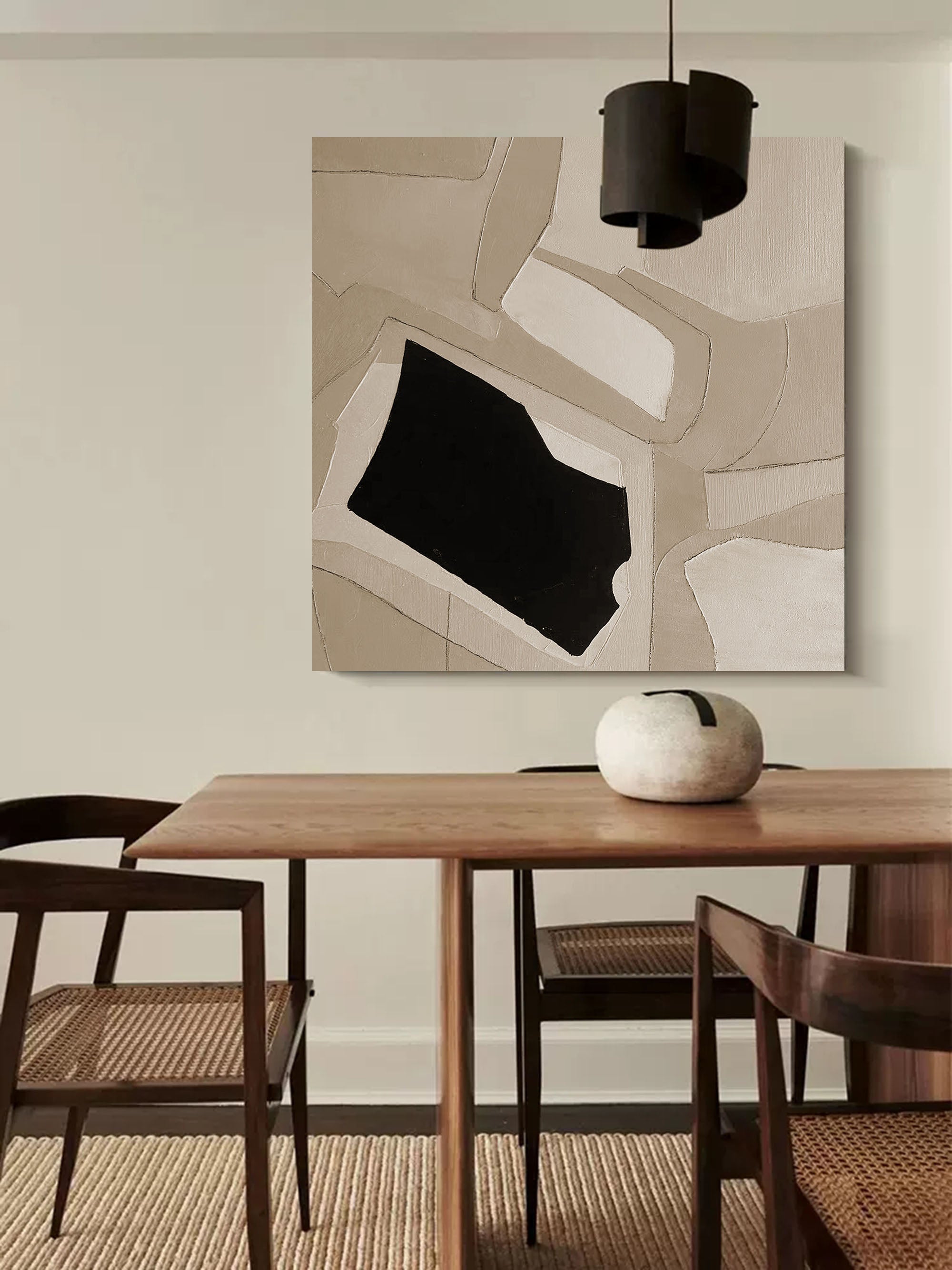 geometric minimalist abstract art framed beige and black minimalist acrylic painting for living room