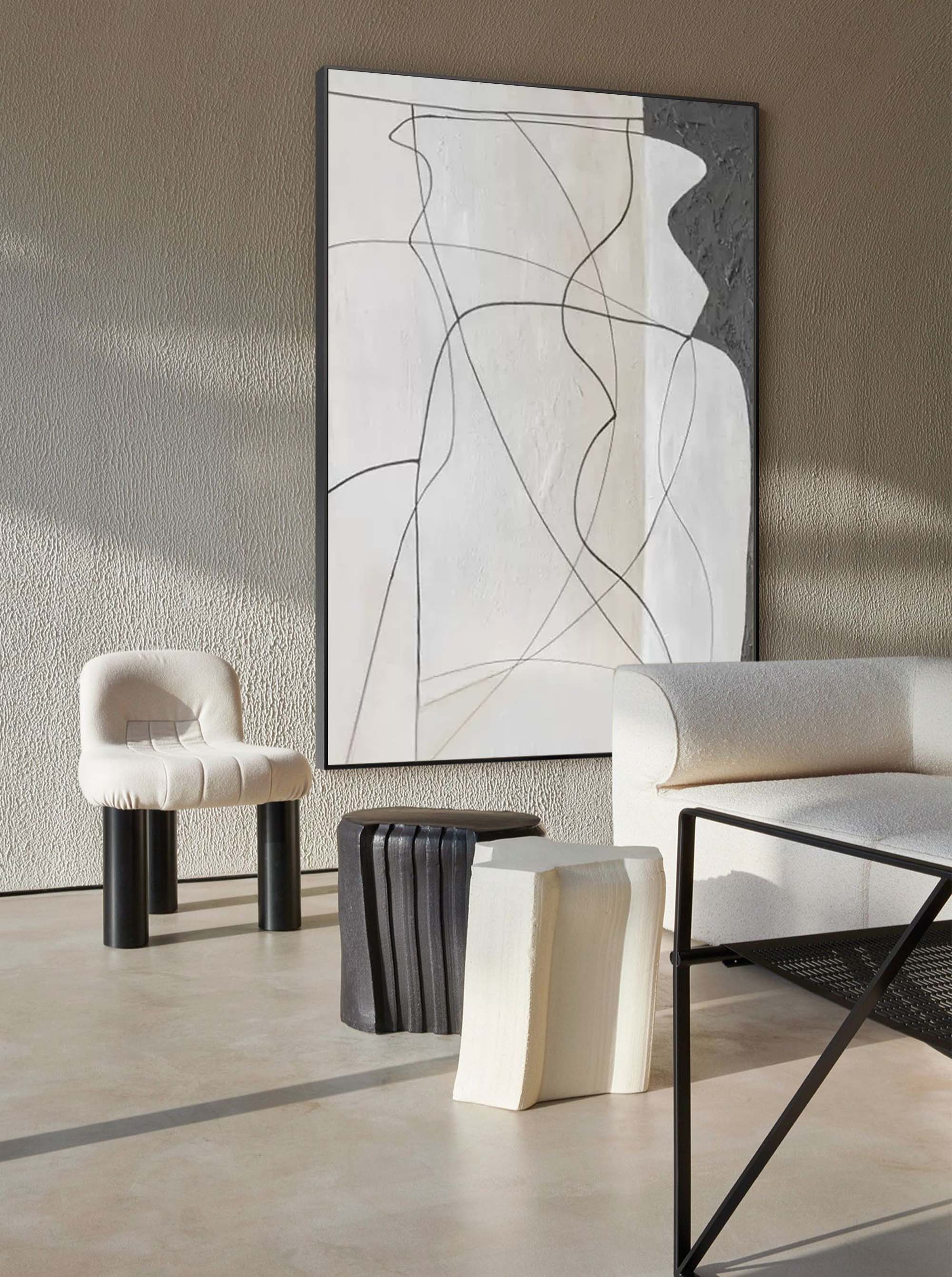 Simple minimalist black and white line art painting modern minimal line painting for living room