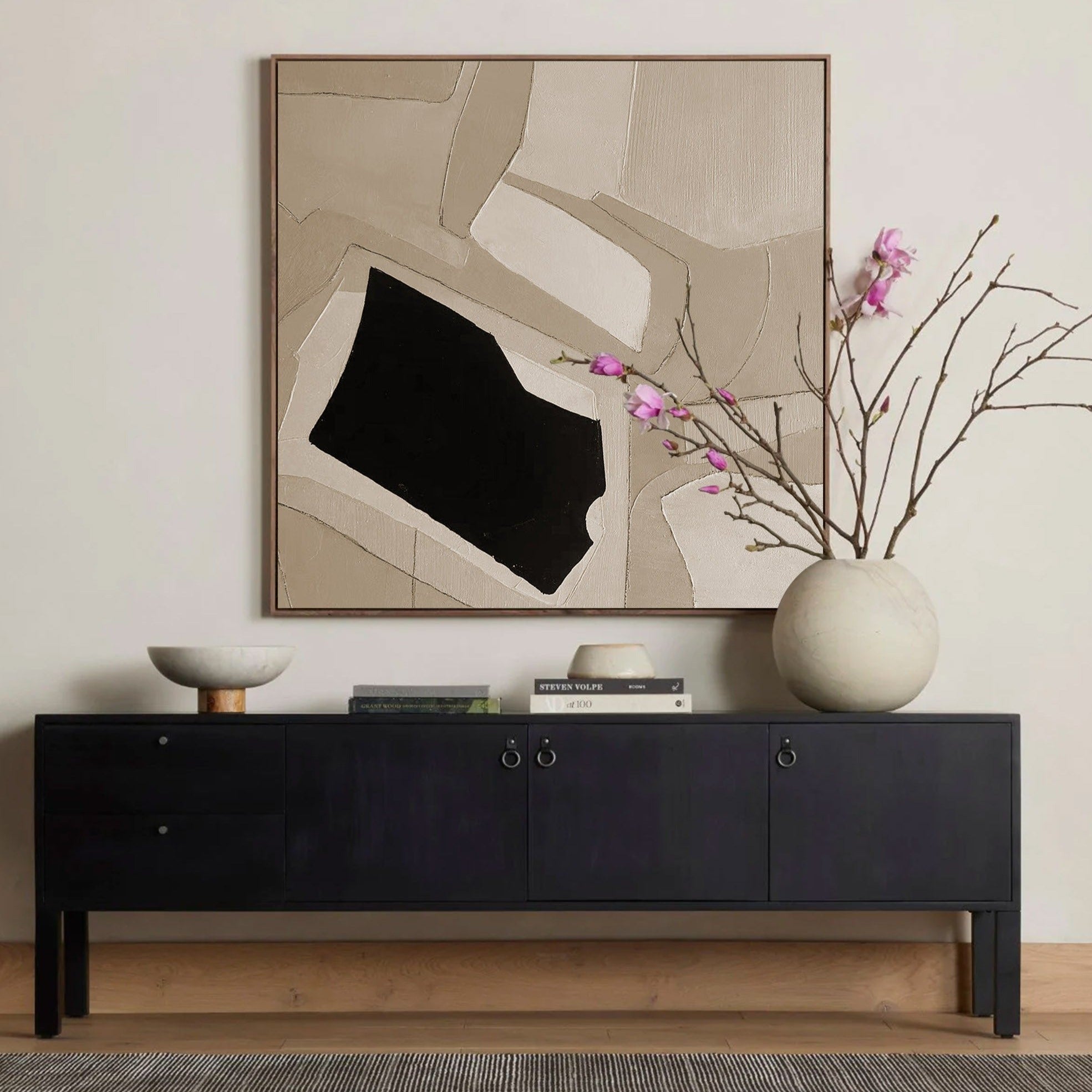 geometric minimalist abstract art framed beige and black minimalist acrylic painting for living room