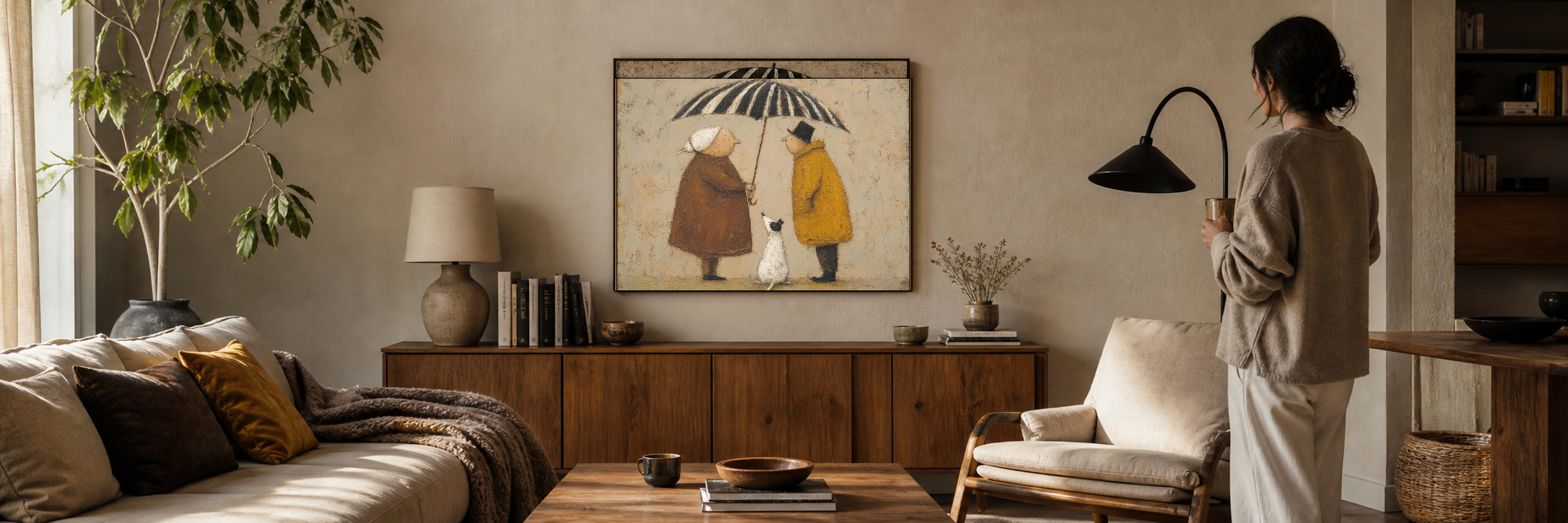 Joy Vintage Canvas Art in a warm living room with vintage minimalist people canvas wall art