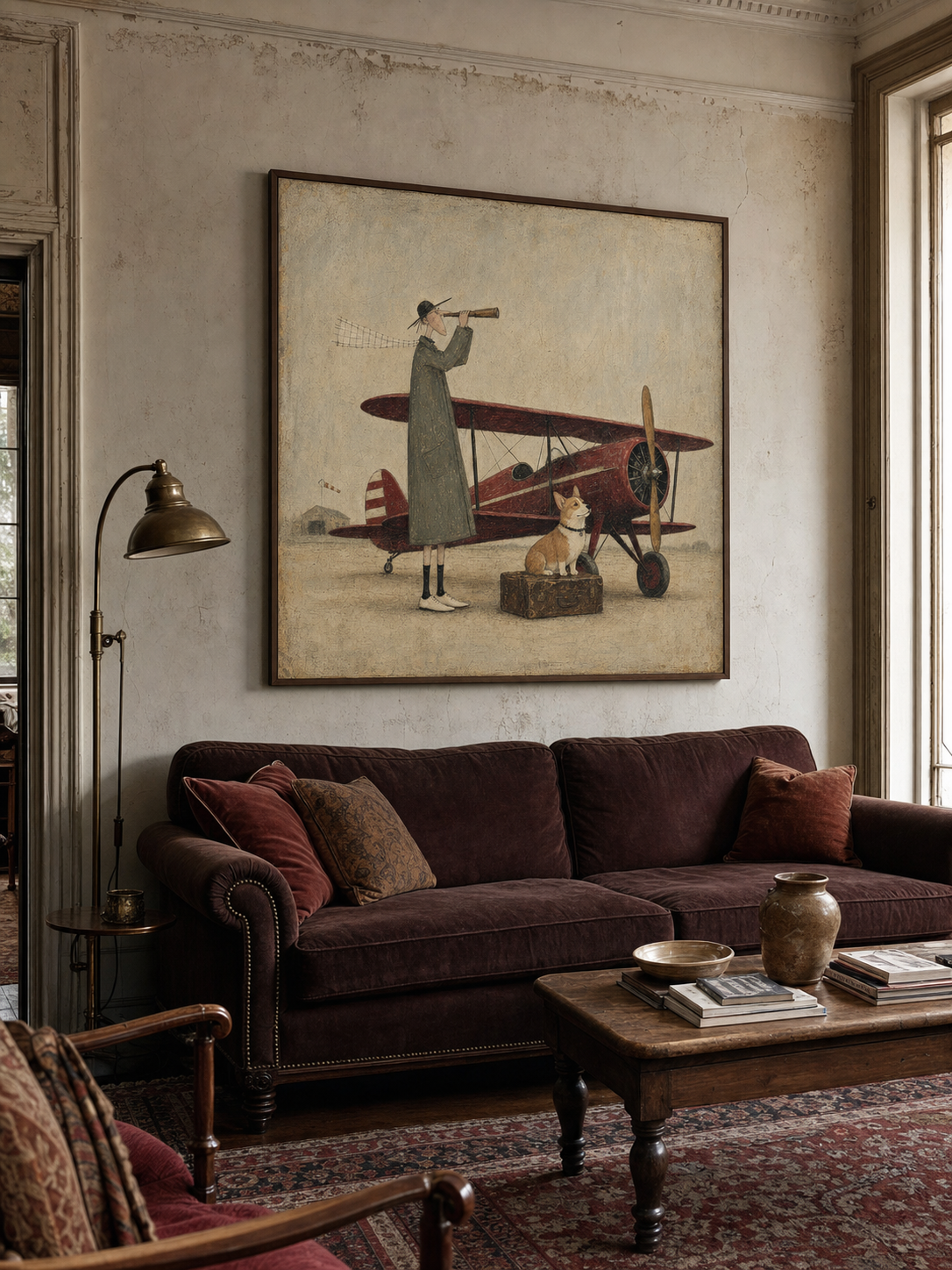 Vintage Airplane And Dog Painting For Travel Lovers Home Decor Art