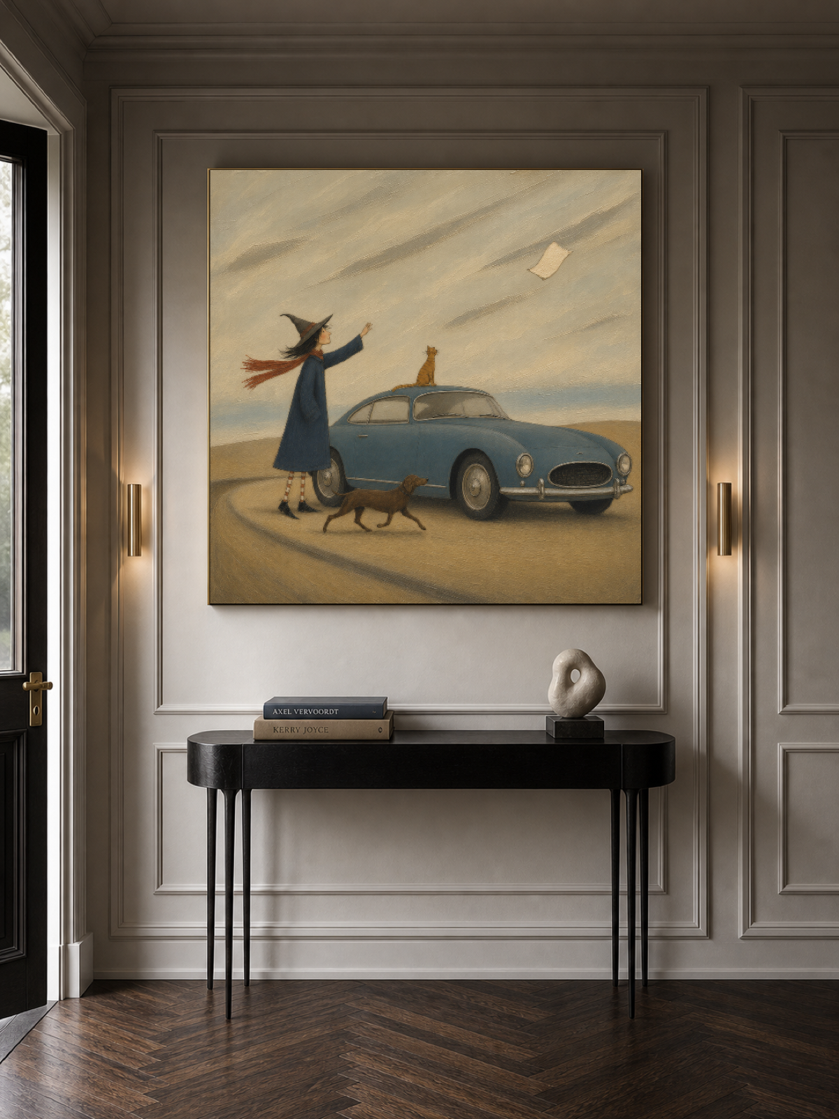 Whimsical Storybook Painting With Vintage Car And Witch For Unique Home Decor