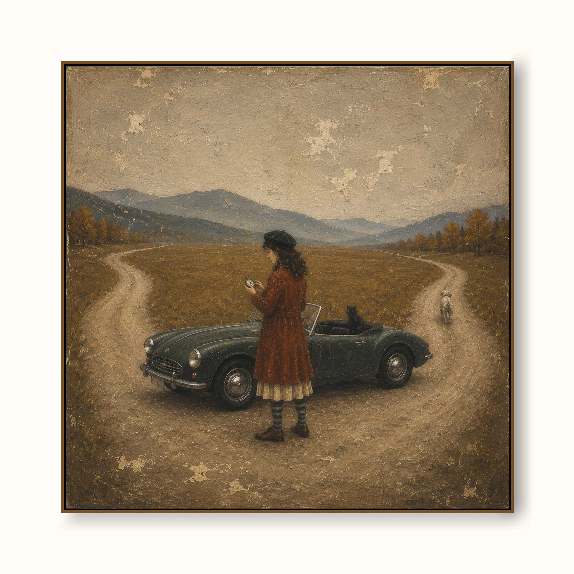 Vintage Road Trip Woman In Classic Convertible Abstract Retro Travel Canvas Art