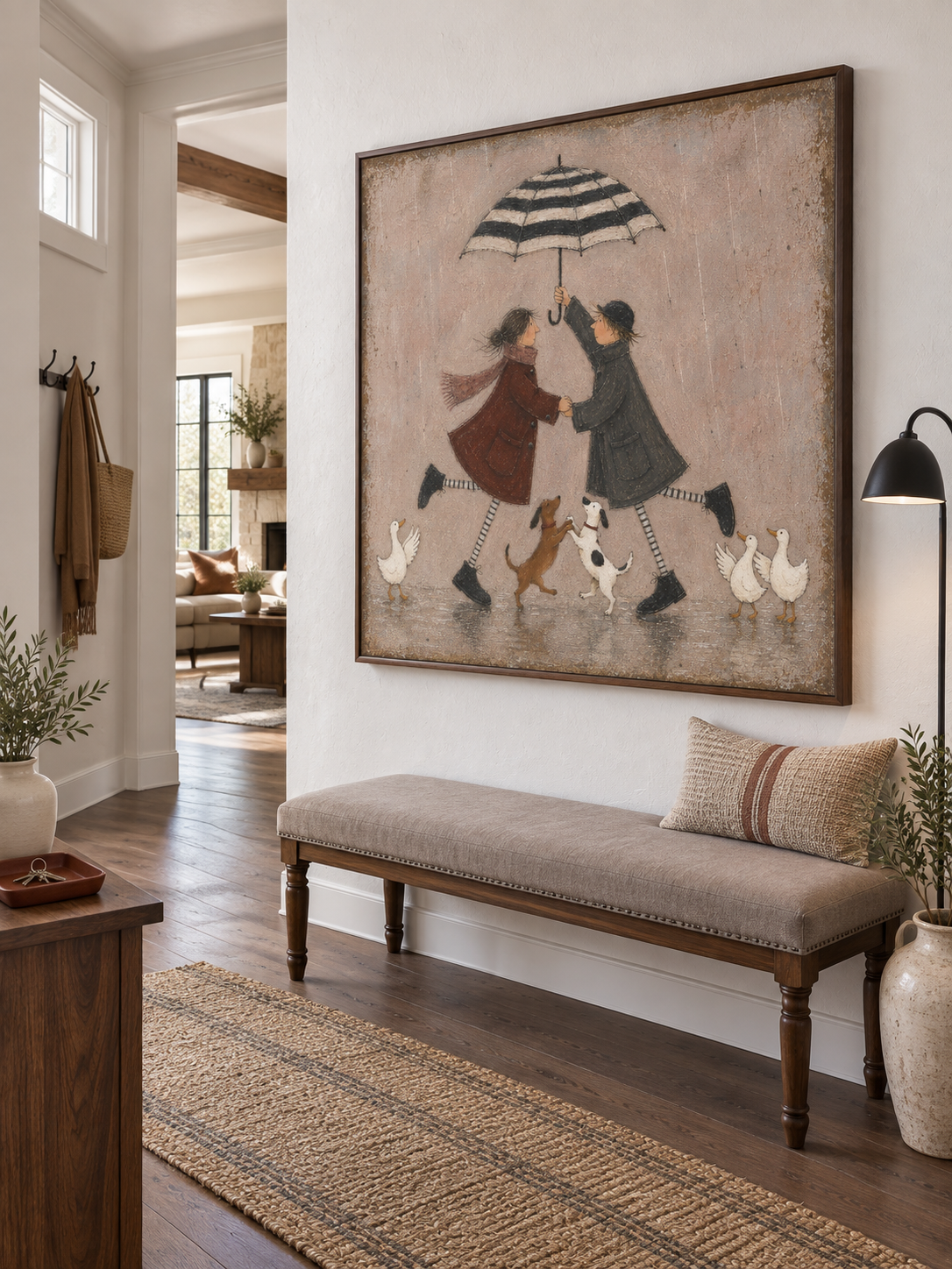 Romantic Couple Dancing In Rain With Dogs Hand-Painted Canvas Wall Art